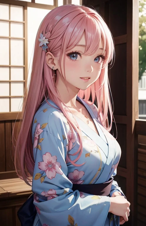 masterpiece、highest quality、High resolution、high quality images、8K, 1 female、skin luster、Texture of skin and clothing、Expression of fine eyes、Shiny pink hair,Girl with long pink hair, Manga inspired by Lee Jong-suk, trending on deviantart, realism, detailed manga style, manga art style, perfect line drawing, beautiful line drawing, digital manga art girl, K-POPアイドル, dress, Beautiful blue eyes, plump lips, detailed gorgeous face, (cute smile), charm, innocent, Side view, (perfectly detailed face), (fine hands) photorealistic images, Depth of written boundary, half up hairstyle, hair ornaments, yukata,at the wedding,Summer festival, evening,