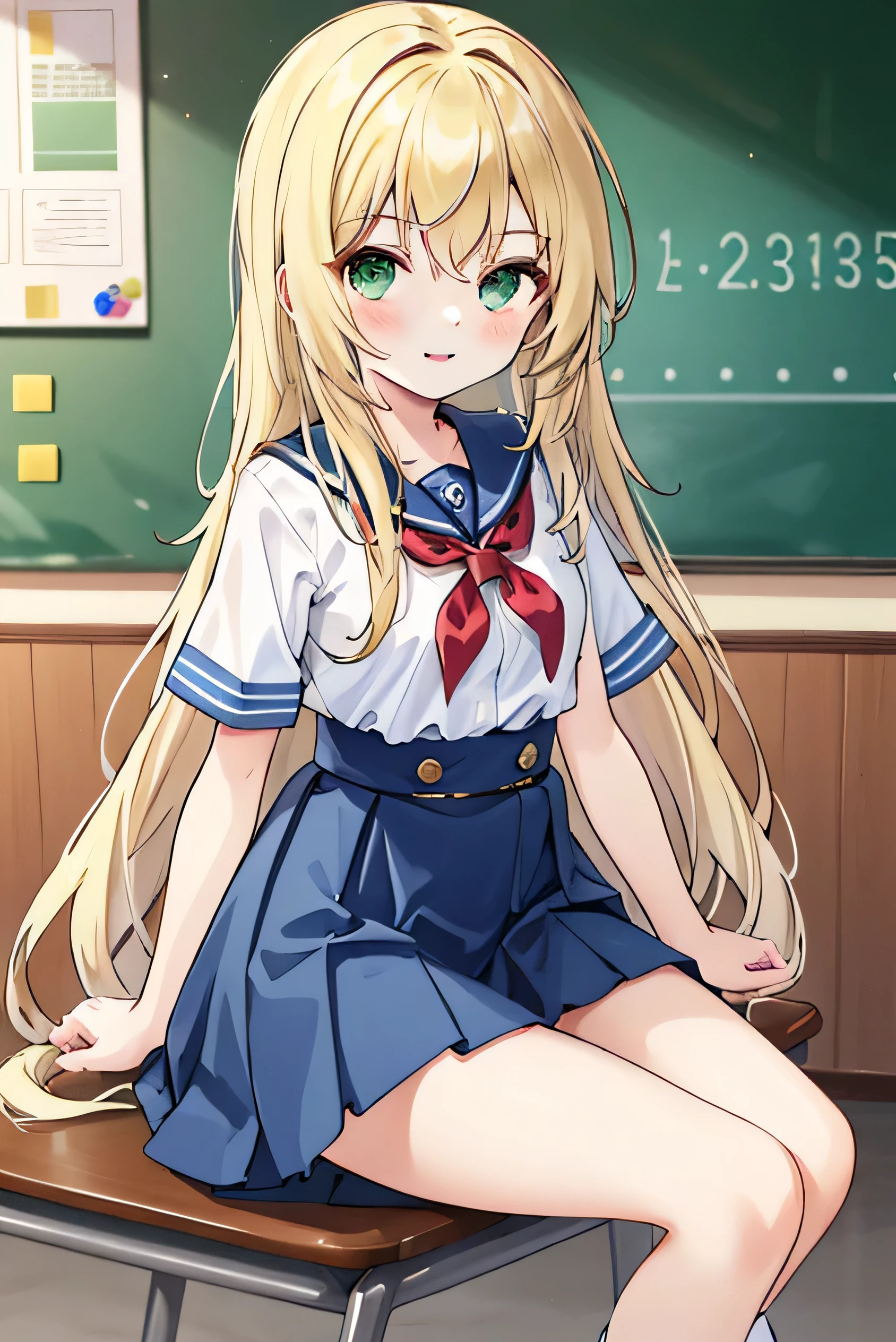 Blonde, , green eyes, waist-length long hair, elementary school studentiskirt, smile,