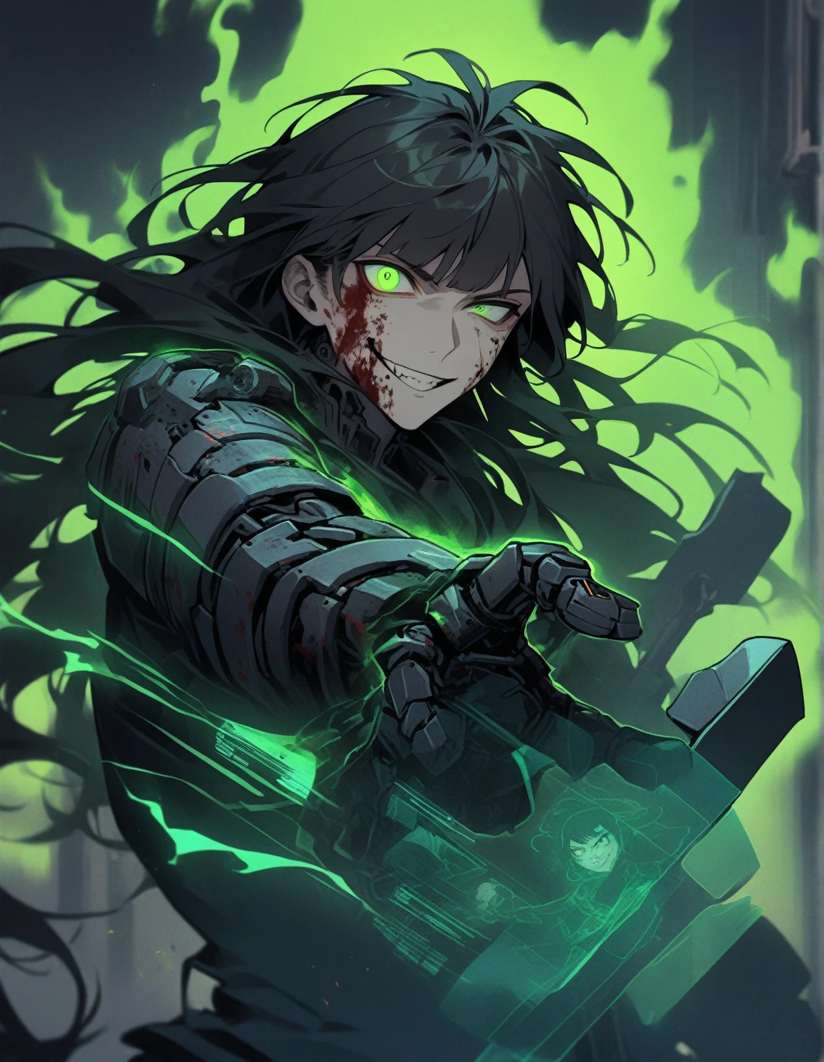 1 guy, black hair with a green gradient on his hair, long hair with bangs, green eyes, one eye missing, demon, cyborg, hologram, holding a mechanical black and green axe in his hand, blood on his face, fighting, manic smile, crazy look, green aura, gentle tones