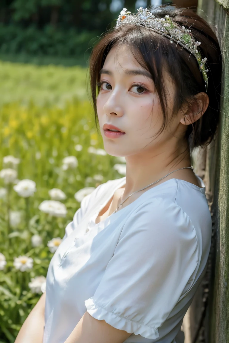 masterpiece, best quality, high resolution, serene 1, 1 girl, serene 1, 1 boy, serene ,man looking far away, alone, brown eyes, black hair, Cool fashion, white tiara, shirt, tied shirt,, medium hair, short sleeve, , Gate, 흰 shirt, belt, middle class , A tree in full bloom,grass, field, sad, standing,"남자를 바라보며 love에 젖은 여자의 모습을 세밀하게 표현해주세요. (love:1.3), (mix of happiness and sadness:1.2), (detailed gaze:1.3), (Detailed representation of the surrounding environment:1.2), (out of focus:1.2), (Facial expression looking into the distance:1.3), (love for men:1.4), (Upper body pose:1.1)"
