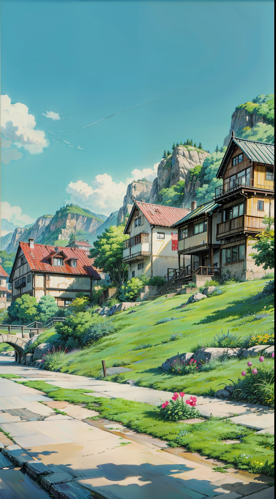 a painting of a street with houses in the background, rio de janeiro in an anime film, makoto shinkai. high detail, anime scenery concept art, style of makoto shinkai, makoto shinkai art style, anime. by makoto shinkai, by Makoto Shinkai, by makoto shinkai, anime scenery, kyoto animation, 4k hd,, beautiful art uhd 4 k, a beautiful artwork illustration, beautiful digital painting, highly detailed digital painting, beautiful digital artwork, detailed painting 4 k, very detailed digital painting, rich picturesque colors, gorgeous digital painting, saturated, no human