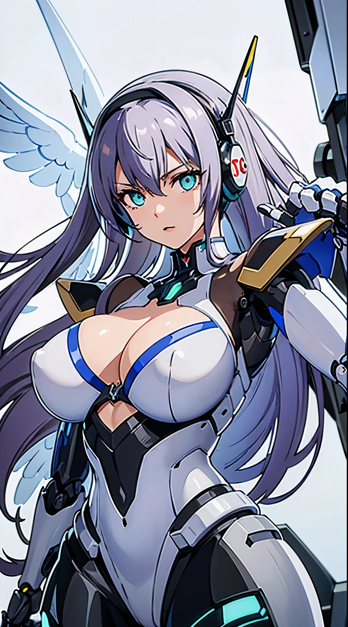 ((Cyber Headphones:1.3))、((Blue shining mechanical eyes:1.5))、((8K)), ((32k)), ((highest quality)), ((masterpiece)), ((超A high resolution)), ((T Masterpiece)), fine skin texture, fine cloth texture, fine metal texture、((beautiful and detailed face))、Raw photo、Professional, Ultra-fine painting, ((solo)), highest quality, Super detailed, Super detailed詳細, small details, very beautiful, Princess Knight Robot、(Beautiful and huge mechanical breasts:1.2)、(Joint of the machine, mechanical limbs:1.3), (The internal structure of the machine is exposed:1.3), (red long hair 1.1), white veil, cowboy_shot, side focus, headgear, shiny, (five fingers, 4 fingers and 1 thumb),concept art, anime fantasy artwork, detailed fantasy art, (with pale blue-violet hair and large white wings,,), (((long hair))), (Mecha:1.6)Sleek and menacing design, ((Armament of the Supreme Commander-in-Chief)), (perfect robot body)、Pure white and blue-purple armor, symmetrical wings, 8K high quality detailed art, 3D rendering of character art in 8K, clear legs, defined, defined fingers, NSFW、((head shot:1.3))