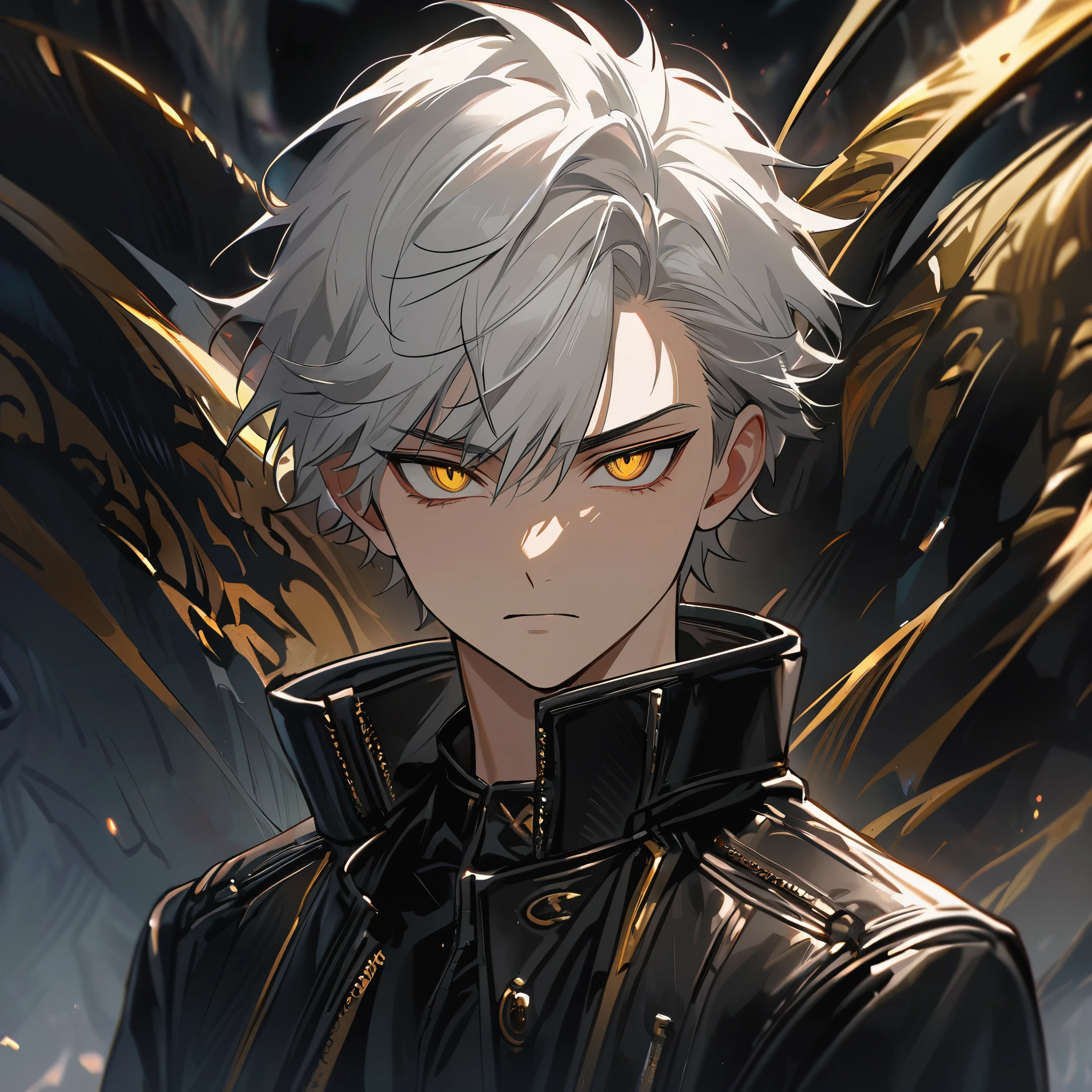 High quality, handsome male, 1male, 17 years old, teenager, golden lining, short white hair, flat cut hair, sharp eyes, gold eyes, devil may cry, close up, calm expression, stoic, black leather clothes, black jacket, upper body, looking at viewer, cowboy shot, black dragon background