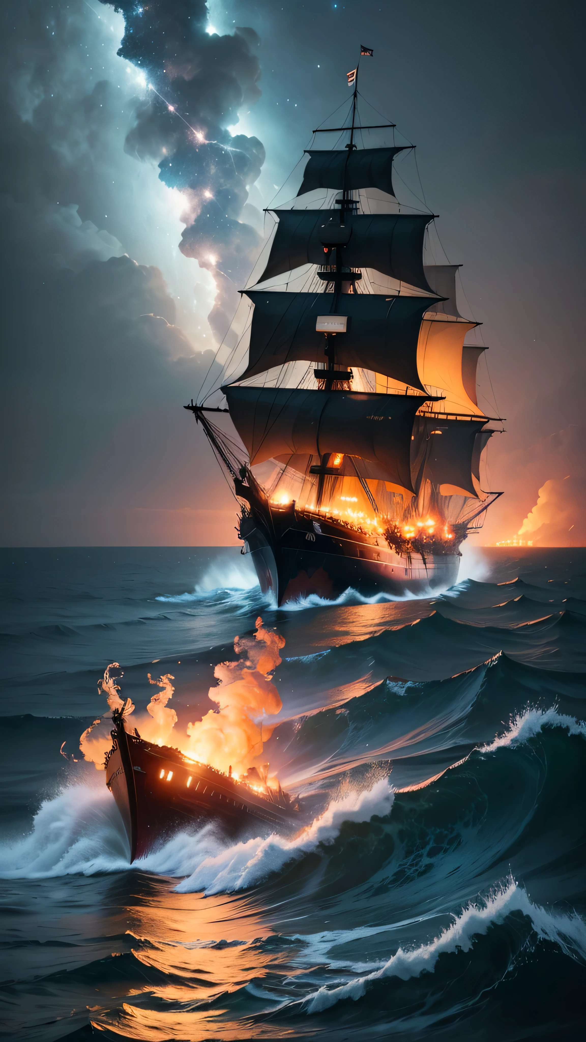 ships collided at sea, the ship caught fire, the ship was destroyed, night sky, 8k, high quality