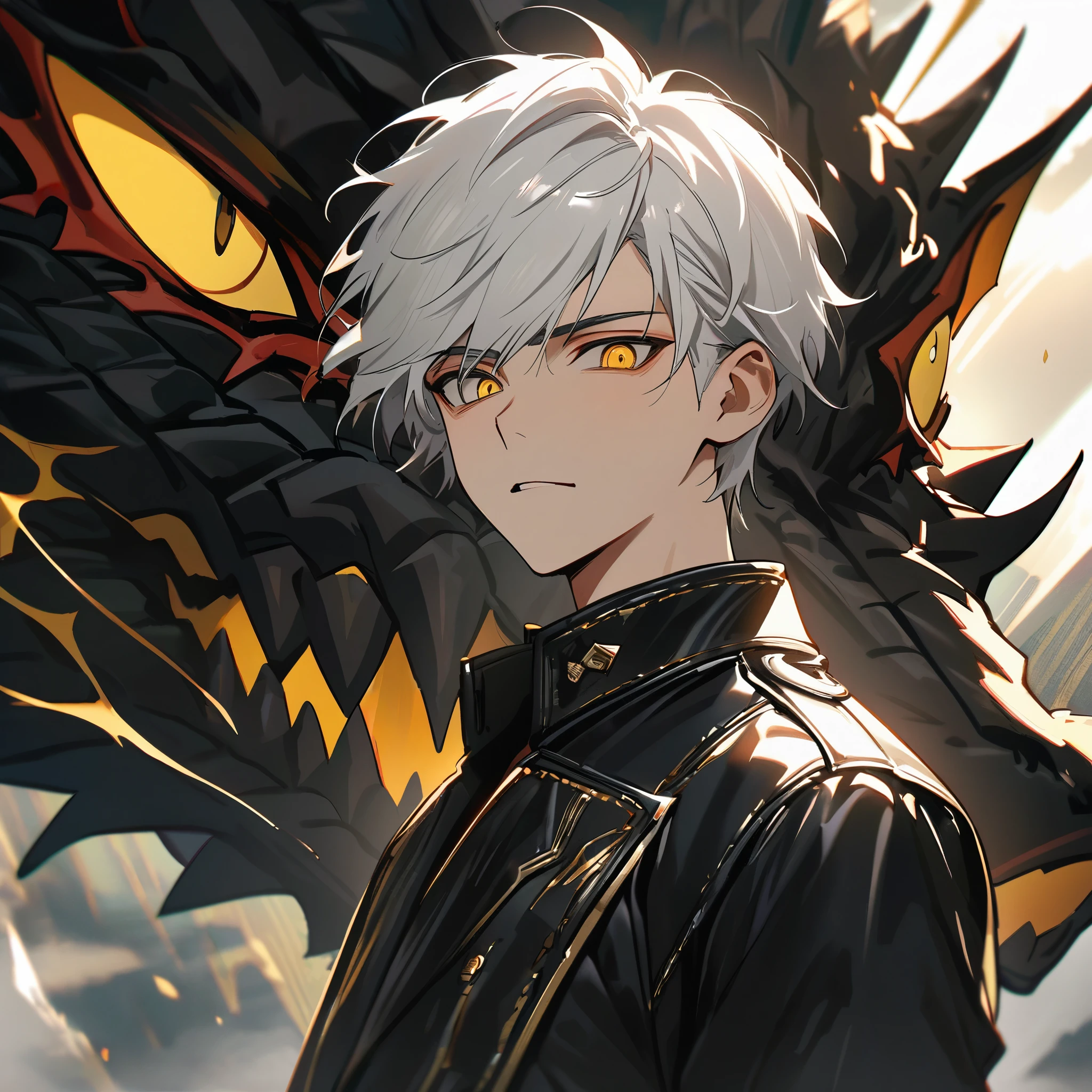 High quality, handsome male, 1male, , teenager, golden lining, short white hair, flat cut hair, sharp eyes, gold eyes, devil may cry, close up, calm expression, stoic, black leather clothes, black jacket, upper body, looking at viewer, cowboy shot, black dragon background