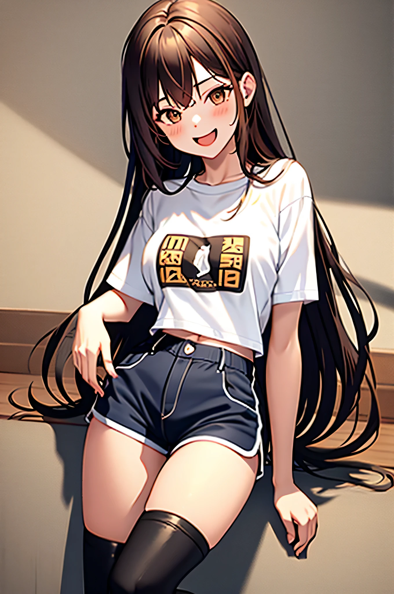 1 girl，fine，long hair，brown hair，cropped t-shirt，shorts，boots，whole body，laughing