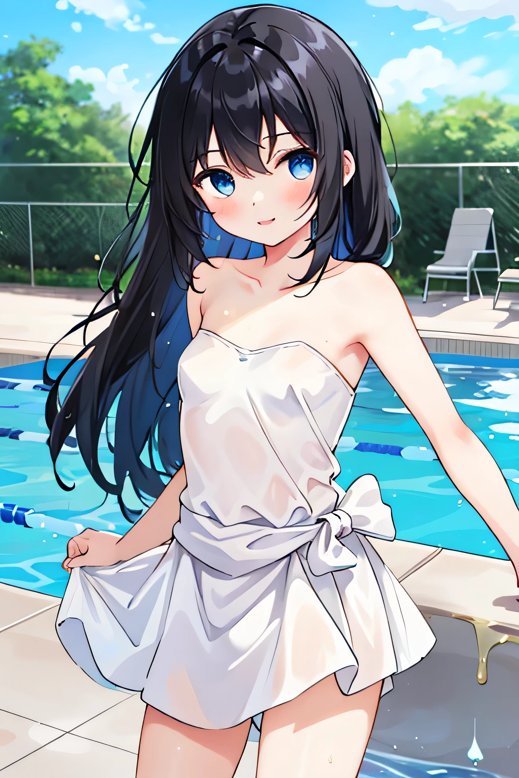 Girl with small breasts, short, , black hair, long hair down to the waist, blue eyes, round eyes, shy, smiling gently, in the pool, naked in the pool, short, Young face, short stature, holding back urine