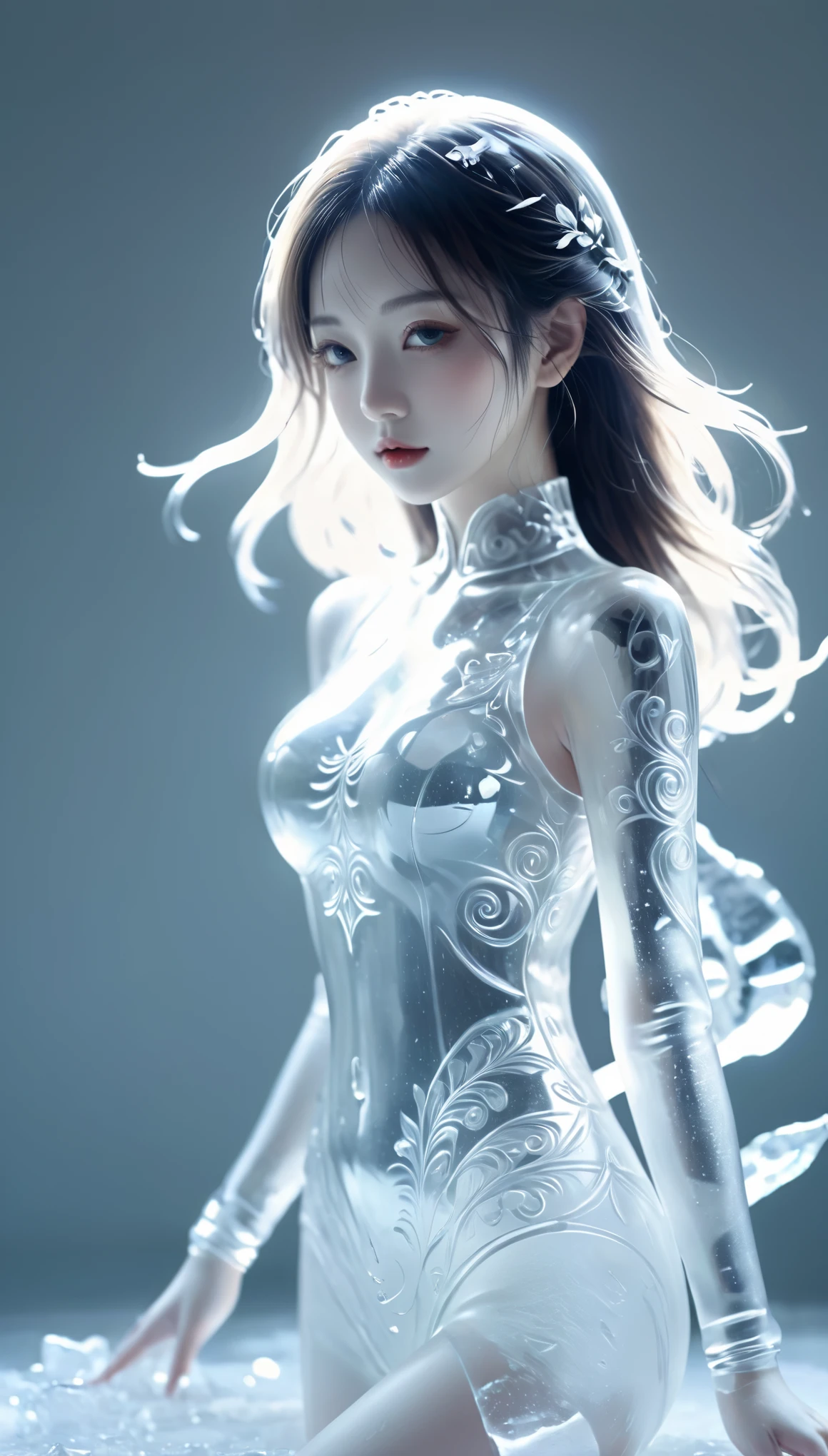 ,bailing_ice_sculpture,A girl made of ice,alone,perspective,thin and long,in winter,suit,
sketch,Minimalism,pencil drawing,clear lines,(double contact:1.5),Exquisite ornaments,Kuinji,(upper thigh shot:1.3),full-body shot,low angle shot,(tattoo:1.3),Tyndall effect,soft focus,4K,high dynamic range,
[high dynamic range:0.9],acid graph,plant1girl,fantasy artwork,[Detailed vibrant face:0.33],[Outerwear dress:0.15],[Korean pop music:0.417],[Buttocks raised:0.4],masterpiece,(trash-polka tattoos:1.4),(translucent luminous body:1.3),minimalist design,silhouette of a beautiful woman and a glowing,shadow world,错综复杂的艺术品masterpiece,((White background 1.5)),
(sling:0.6),