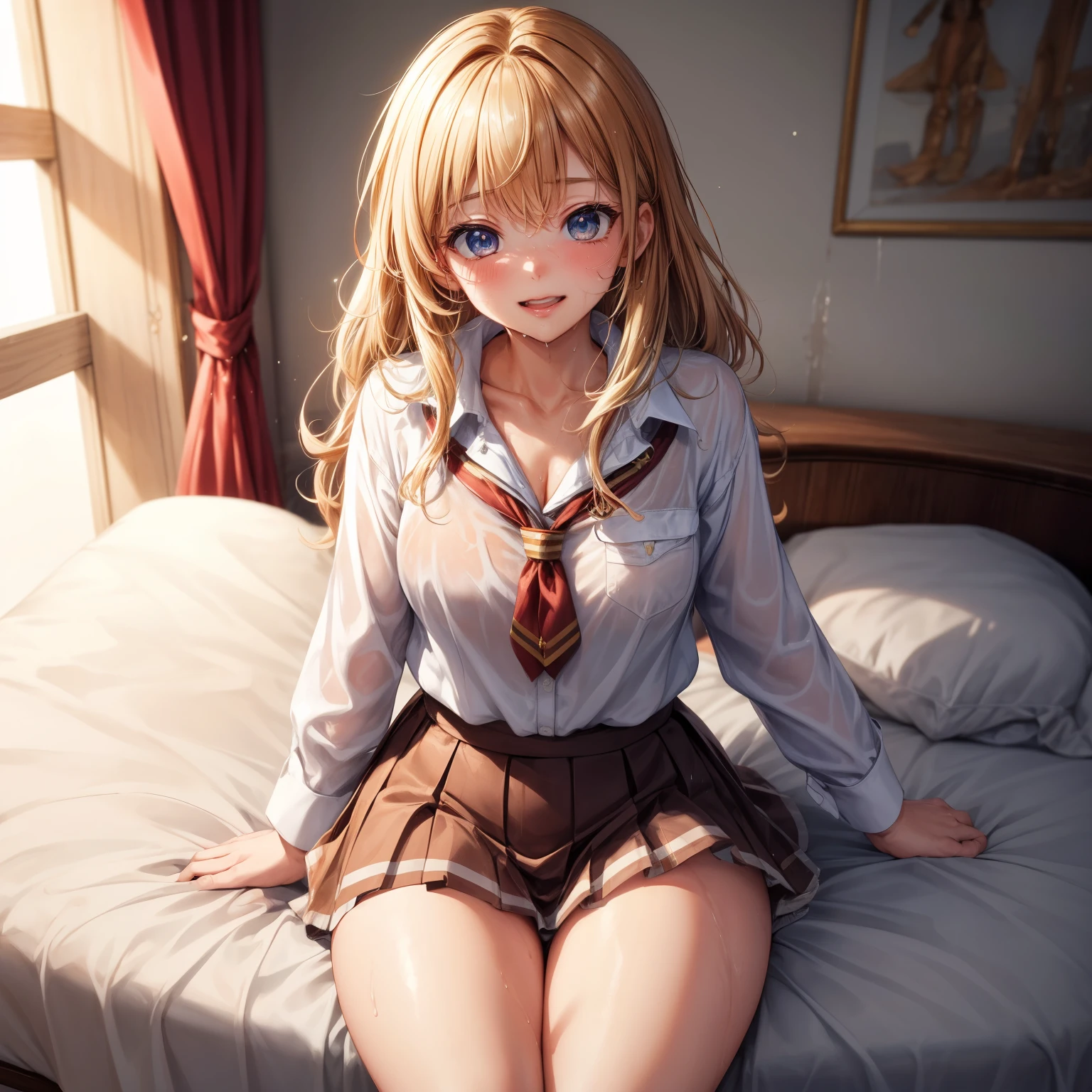 photorealisim、top-quality、超A high resolution、NSFW、Japanese high school  girl、low  angle shot:1.3、Girl in uniform on bed、M-shaped legs:1.3、She opened her legs wide、Show off your panties.、Looking at the camera、((blondehair))、((Pink Satin Panties))、Light blue shirt、Dark blue tartan plaid pleated skirt、Detailed cute and beautiful face、(pureerosface_v1:0.008)、Brown-eyed、eye liner、red blush、embarrassed from、glares、 shiny lips: 1.4,  humiliated、impatience、Frightened、glares、Panty appeal、Close-up in panties:1.3、red blush、is crying、Crying、Open knees、open one's legs、Disheveled clothes、Dressing、Medium Long Hair,In the bedroom late at night,