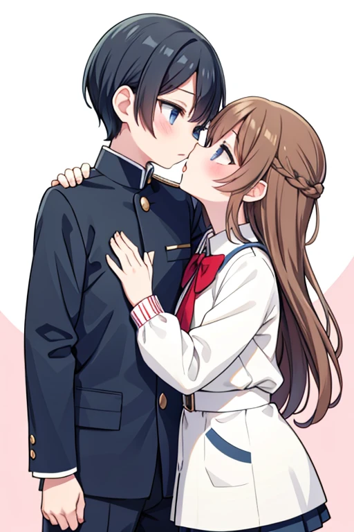 NSFW,Inside the library、1 girl, red eyes, purple eyes, long hair, black hair, hair ribbon,red ribbon,, navy blue jacket, navy blur skirt, pleated skirt,(((Are crying)),Small breasts、1boy,kiss