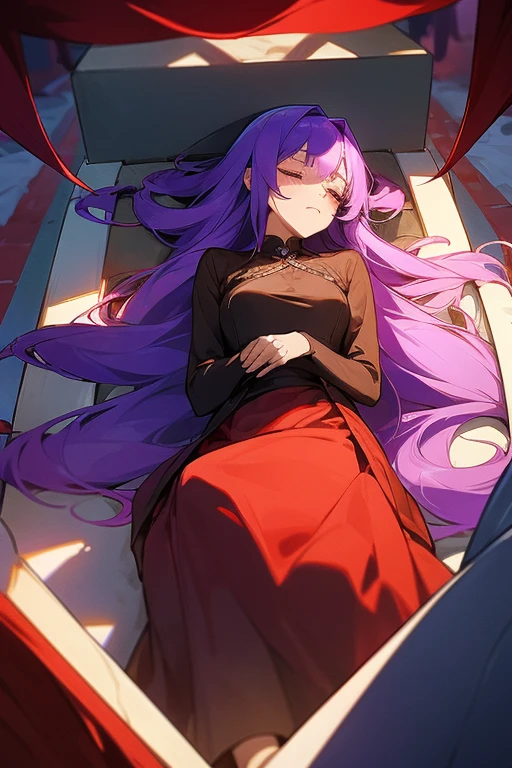 In a transparent, capped coffin made of crystal, The dead female leader lies quietly inside, The red flag covered her like a quilt, She only showed her head, The whole body is covered with red flags, It's like she's asleep, Long blue-purple hair, People gathered around her in grief., Two-dimensional style