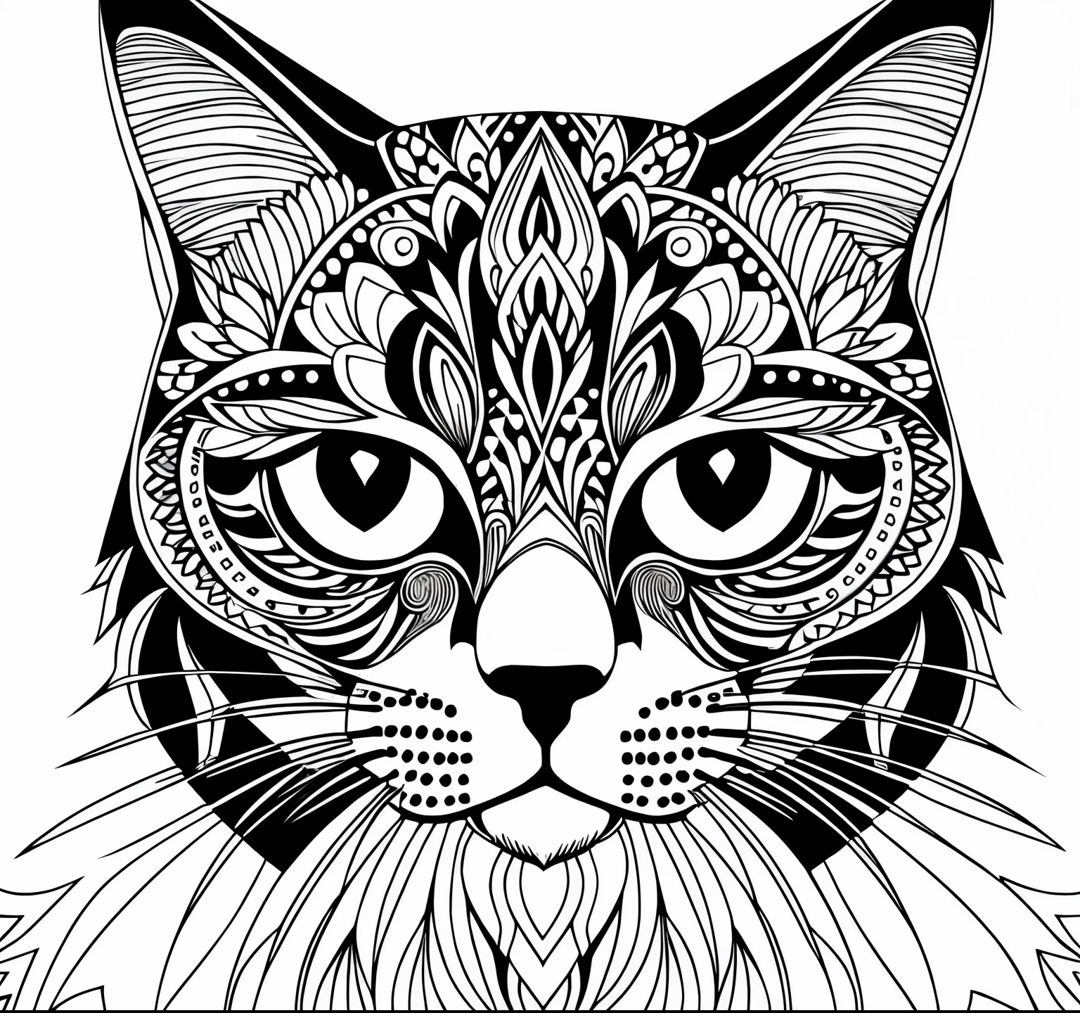 black and white drawing of a cat with a pattern on its face, detailed cat, Detailed rendering in 4K, design to gato, very detailed and hypnotic, Black & White Vector Graphics, detailed line drawing, hyper-detailed line art, detailed digital drawing, on a complex detail, Coloring book page, with a lot of details, Lineart Behance HD |, Coloring line art width 768, height 768 