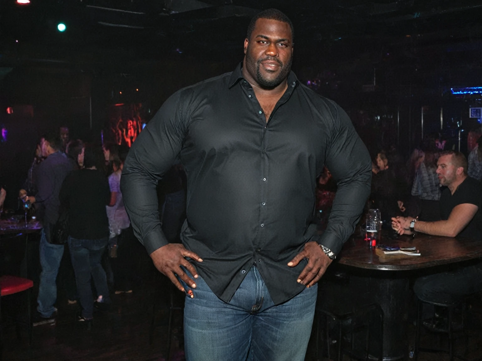 A full body picture of a massive, muscular, strong, giant, tall, wide black man, 39 years old, wearing long-sleeved, button-up, black shirt and jeans, lustful, in a nightclub