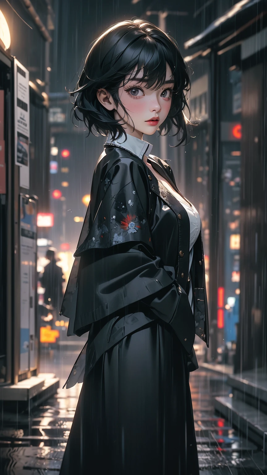 ((Highly detailed CG unit 8k wallpaper, masterpiece, High resolution, highest quality, highest qualityのリアルテクスチャスキン)), ((Hands in pockets pose:1.5, fashion model pose:1.2, A cool NY fashion girl influenced by nostalgic and inorganic mode fashion., detailed costume:1.2, Coordination of black lace layered maxi skirt and jacket:1.3, Monotone fashion, Asymmetrical short hair, Nana Komatsu, hair wet with rainwater:1.3)), ((blurred background:1.2, An empty back alley in New York where black and white graffiti art shines:1.2, Rain-soaked road surface)), ((Angle from above:1.3, Fisheye Shot:1.5)), hyper realistic, digital painting, concept art,