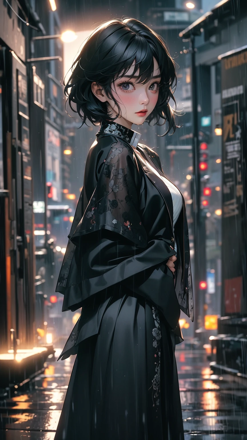 ((Highly detailed CG unit 8k wallpaper, masterpiece, High resolution, highest quality, highest qualityのリアルテクスチャスキン)), ((Hands in pockets pose:1.5, fashion model pose:1.2, A cool NY fashion girl influenced by nostalgic and inorganic mode fashion., detailed costume:1.2, Coordination of black lace layered maxi skirt and jacket:1.3, Monotone fashion, Asymmetrical short hair, Nana Komatsu, hair wet with rainwater:1.3)), ((blurred background:1.2, An empty back alley in New York where black and white graffiti art shines:1.2, Rain-soaked road surface)), ((Angle from above:1.3, Fisheye Shot:1.5)), hyper realistic, digital painting, concept art,