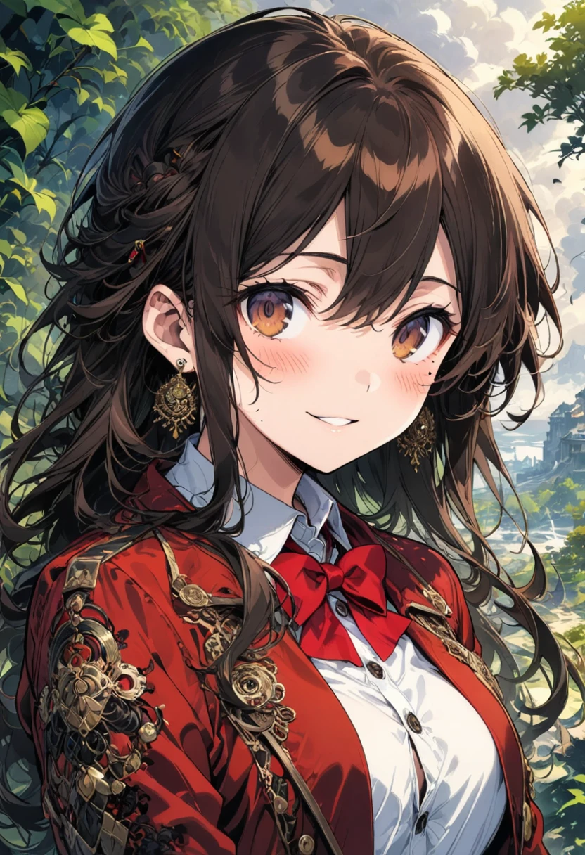 girl, blush, bow, brown eyes, brown hair, collared shirt, day, dress shirt, earrings, hair between eyes, jacket, jewelry, long hair, looking at viewer, looking to the side, mole, mole on breast, open clothes, open jacket, outdoors, parted lips, red bow, red jacket, shirt, sidelocks, smile, ink style, (masterpiece, best quality, perfect composition, very aesthetic, absurdres, ultra-detailed, intricate details, Professional, official art, Representative work:1.3), (Animagine:0.01)