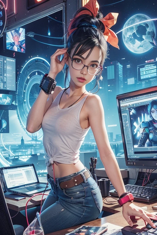 masterpiece,best quality,ultra detailed,high resolution,(photo realistic:1.2),a woman in glasses sitting at a desk with a computer, digital cyberpunk , artgerm and lois van baarle, digital cyberpunk , bulma from dragon ball, portrait space cadet girl, lois van baarle and rossdraws, 