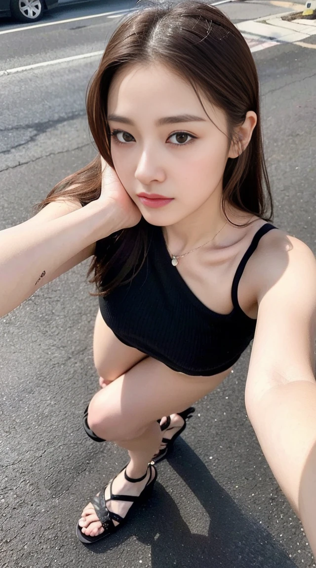 dark brown hair、light brown eyes、Japanese actress face、 lady、I'Iは彼とIが好きです'I'Iは40歳くらいです.、(intricate details:1.2)、(which one is the top?:1.4)、 (ultra high resolution:1.2)、ultra high resolution、(finely tuned)、(detailed facial features)、nffsw、8K resolution、D cup size breasts、long hair、up hairstyle, up hair、bun hair、1 girl, A look of deep sadness, (Highly detailed beautiful face), (blackのカットソーキャミソール:1.5),black close-fitting shorts、 (bare shoulders:1.3), (highest quality:1.4), (Super detailed)、beautiful fair skin, Angle from above、 Cross your hands in front of your body and wrap your arms around your body.、open your mouth a little、Visible legs、Pose of Weakness、obscene pose、Street fashion、very sandals、cutout design、