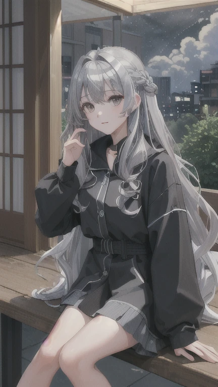 (masterpiece, highest quality: 1.4), 1 girl, looking at the audience,
(wavy hair: 0.8), long hair,
(front), bright silver hair, gray eyes, cloudy sky,
(close),
{night|morning|night明け},
{indoor|outdoor},
{sit|stand|ground},