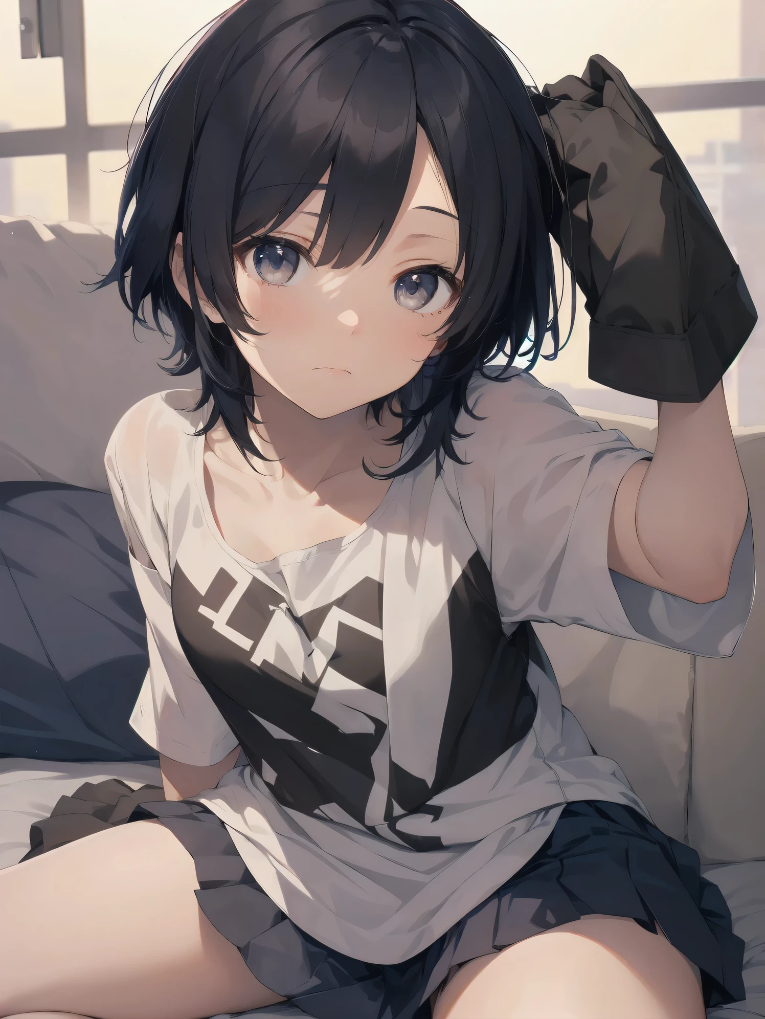 ultra-absurdres-Top quality by artist God, ultra-detailed, high resolution, anime moe artstyle, best anime 8k konachan wallpaper, pixiv contest winner, perfect anatomy,break, 1girl, (Please draw a in heat girl sitting on bed alone. )break,(Solo,little female, -yeld:1.Full limbs, complete fingers,a junior hiiveness of immature bodies, (very short hair), short cut, flat chest, , small butt, small black eyes, beautiful detailed eyes, well-proportioned iris and pupils, expressive eyes, highres detailed hair, soft expression, blush, school_uniform, white shirt, pleated skirt,(Detailed Lighting), (Detailed background), in the hotel room. break,super detailed skin, Best cinematic lighting powered by famous artist, 8k,beauty illustration,photoshop_(medium),very aesthetic,break,((artist:fujiyama )), artist:akinashi_yuu ,artist:oyari_ashito ,artist:kantoku ,