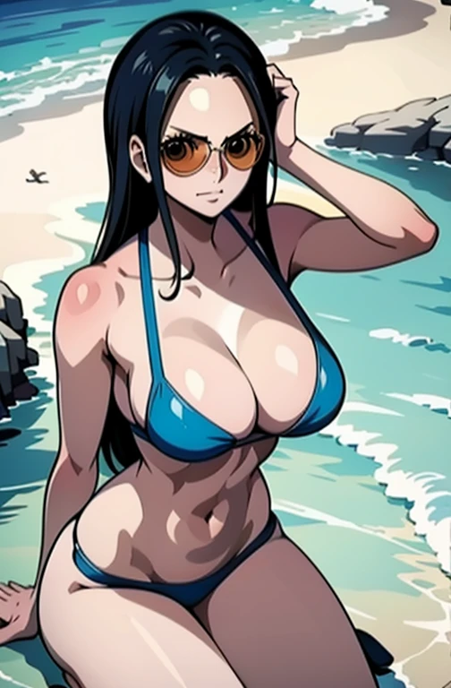 Nico Robin, Nico Robin from One Piece, naked, on the beach, beautiful naked body, stunning figure, tainted body, beautiful , beautiful looks, sunglasses and nothing else on
