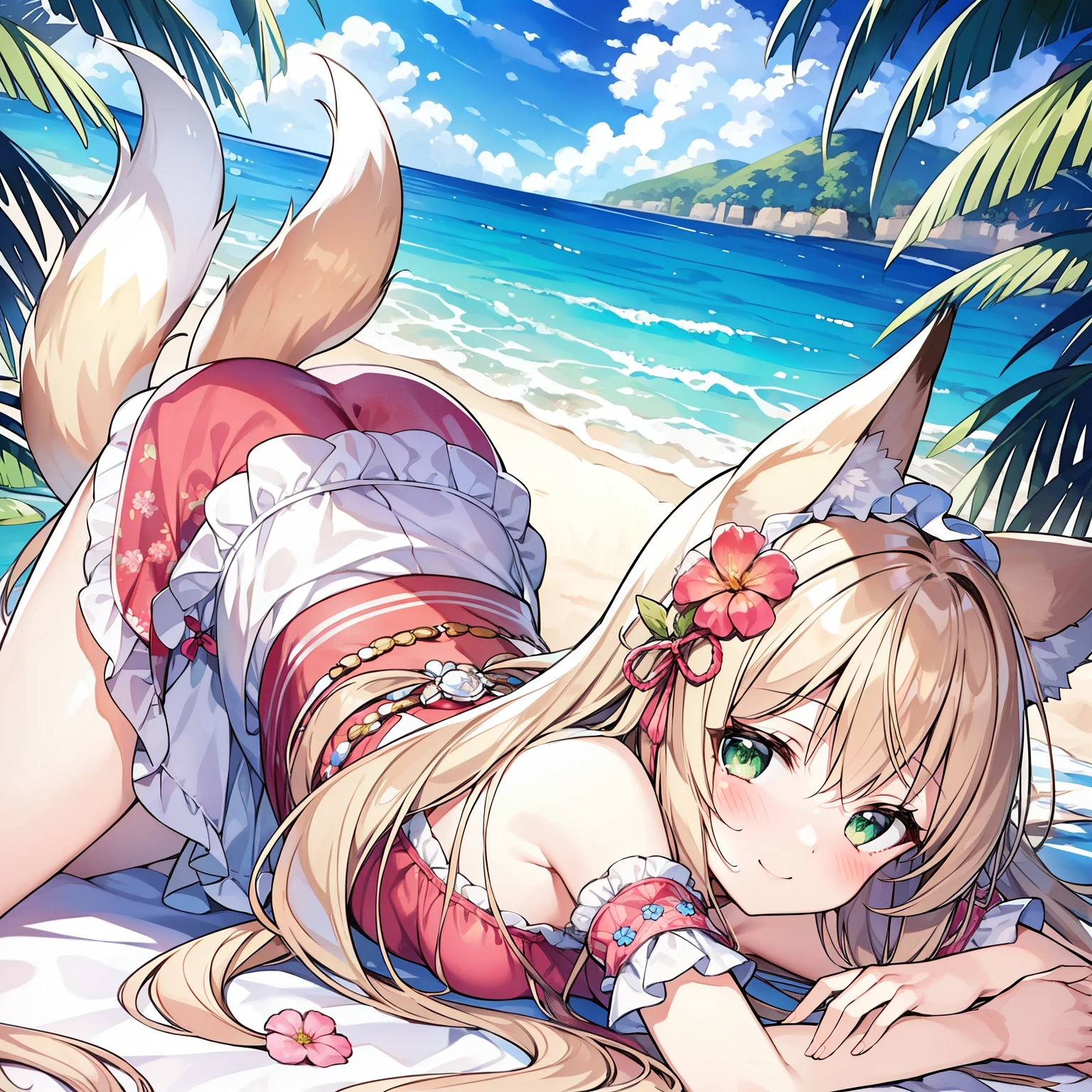 (masterpiece, best quality, high resolution), 1 girl, alone, (Big soft fox tail),A pair of fox ears,green eyes,(long brown hair),small flower headdress, (9 _cute loli),small breasts,moro liberation front,Forest by the beach,only weak light, SummerOutfit,Show off your clothes,feel very blessed,Smile,Blush slightly,View from top to bottom,