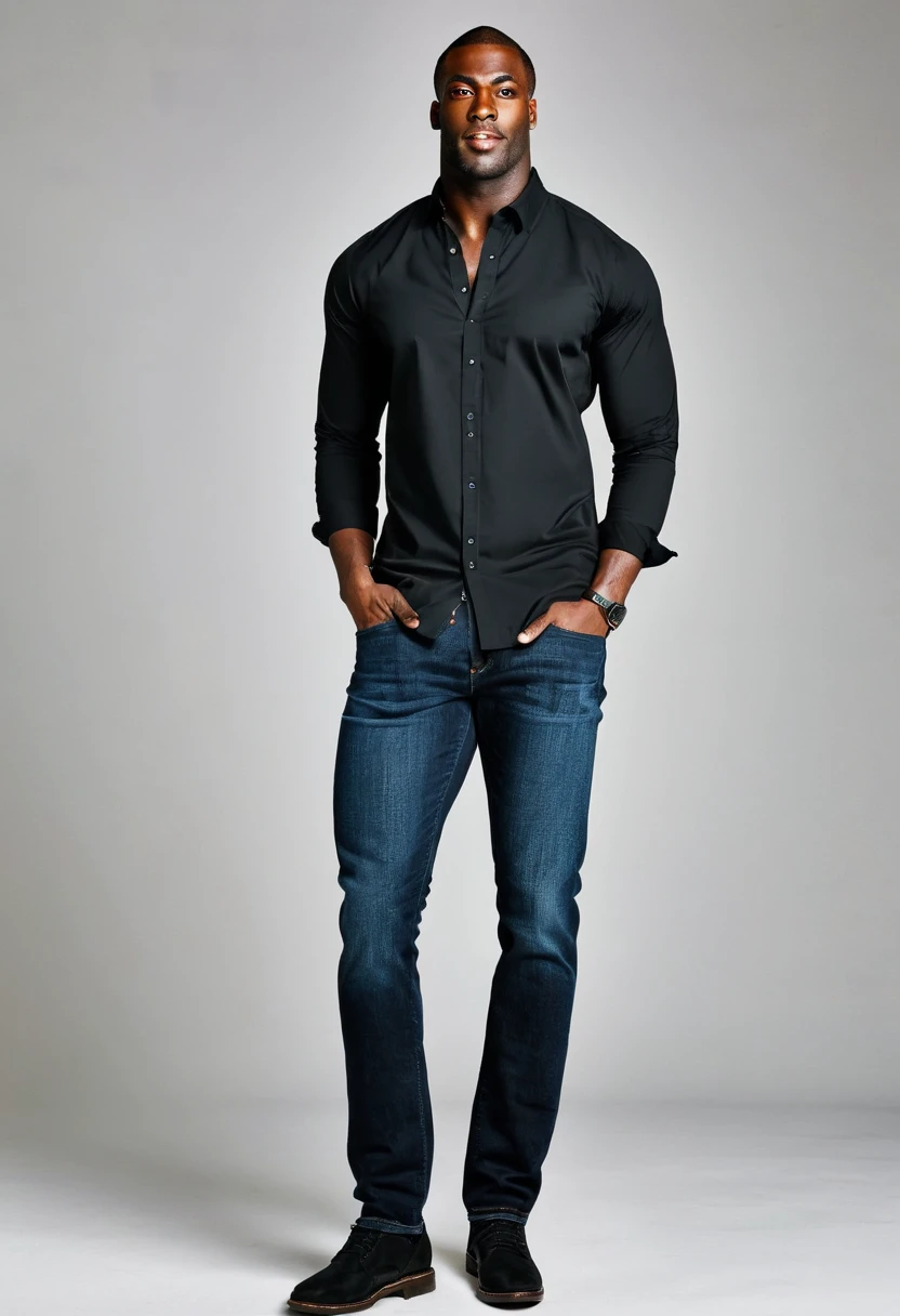 A tall, muscular, strong, wide, black man, wearing long-sleeved, button up black shirt and jeans