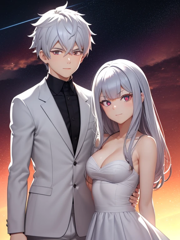 ((obra maestra de anime TV)), (enfoque medio cuerpo), anatomically well made, boy and girl couple adultos, varias poses juntos, you can see the mutual attraction, girl Foxy, pelo largo blanco o plateado, radiante iris eyes brillan del ojo verde:0.5, boy pelo corto bicolor, rostro masculino, eyes are also bright red eyes and radiant black:1.1,  -auto..