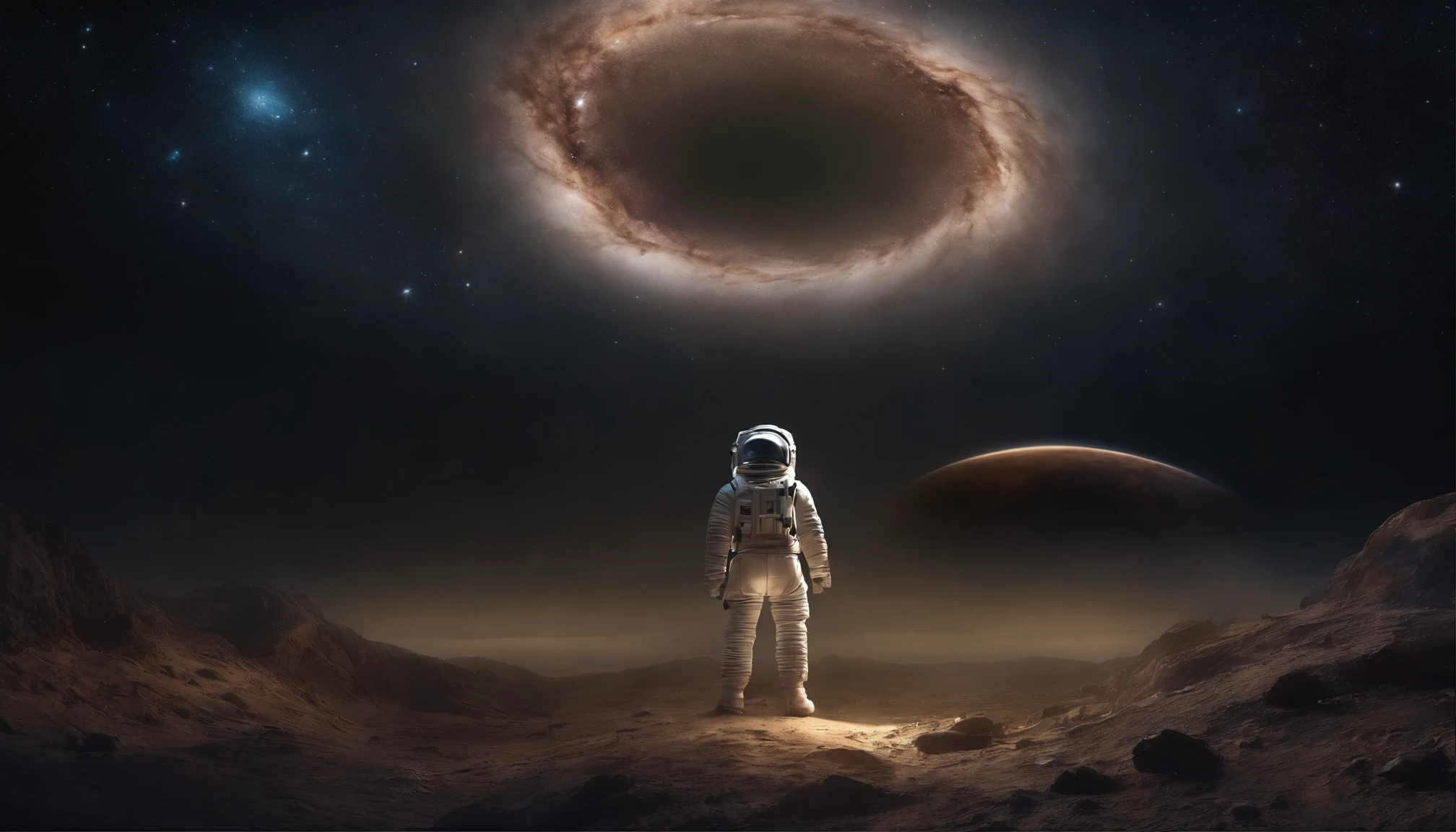 Astronaut turns into a skeleton and floats in the abyss of space, Surrounded by a cosmic ocean of galaxies and nebulae,form a unique constellation. The bubbles around it contain fragments of the knowledge and secrets of the universe.. The photo was taken with an 18mm wide-angle camera, em 8k Realism, Create an image that makes people feel surprised and amazed at the vastness of the universe. Kaneko.