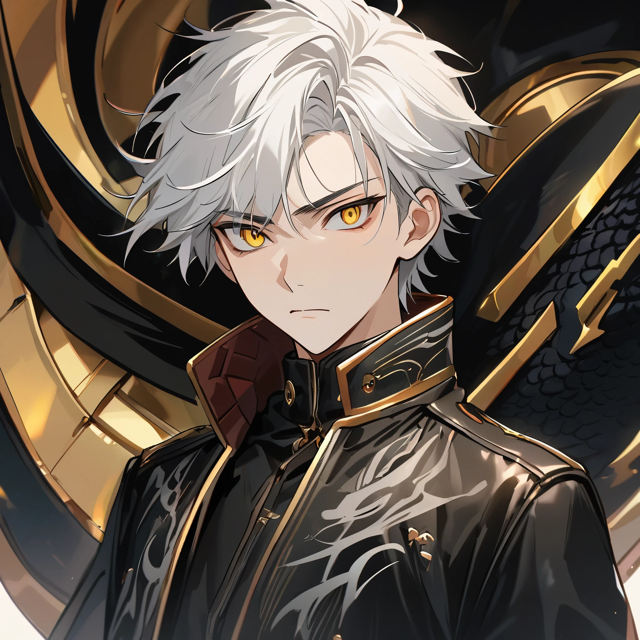 High quality, handsome male, 1male, , teenager, golden lining, short white hair, flat cut hair, sharp eyes, gold eyes, devil may cry, close up, calm expression, stoic, black leather clothes, black jacket, upper body, looking at viewer, cowboy shot, black dragon background
