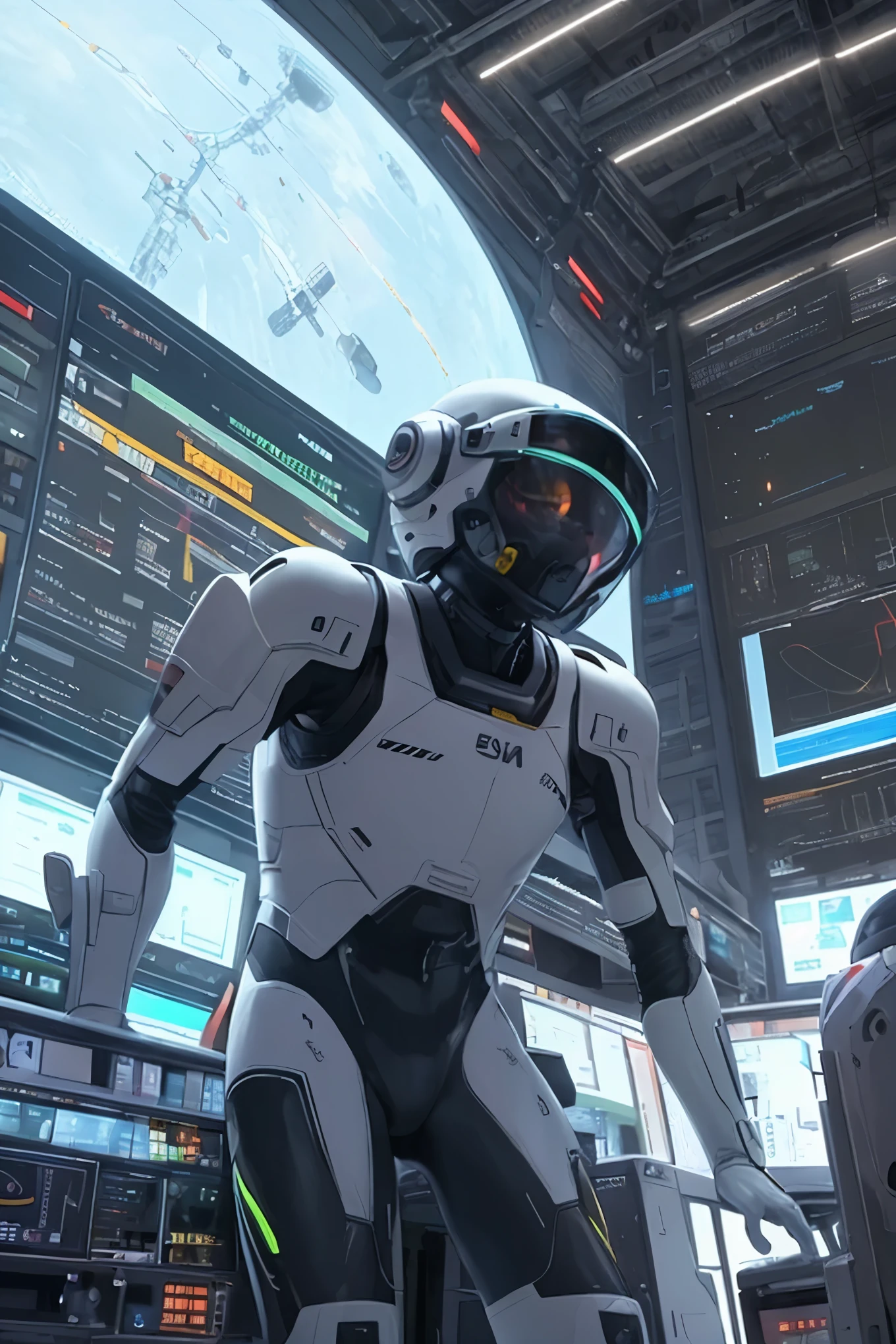 In the heart of the futuristic space station, a team of dedicated humans clad in sleek robotic suits were engrossed in their work. They moved with precise synchrony, their suits glinting under the soft, ambient station lighting. Among them, the distinguishing figure of Hisashi Hirai could be spotted. His suit bore a small insignia, signaling his prominent position within the team. As he bent over an intricate data console, his helmet's visor reflected the bustling activity of the space station behind him. Realistic CGI, Octane render, Top light, Cinematic, Low camera angle, ISO400.