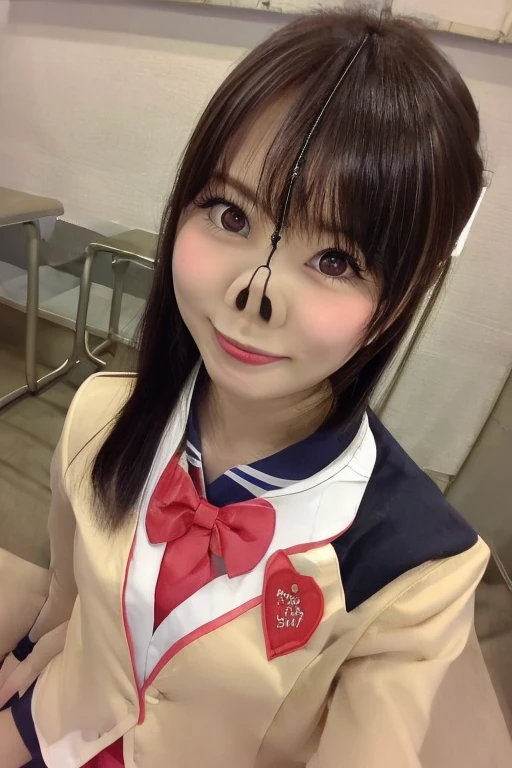 1 girl, alone, looking at the viewer, Japanese,Japanese 少女,blazer uniform,face focus,face focus,face close up,random hair,False lashes,Narrow eyes,naughty smile,thick lips,inside the classroom,