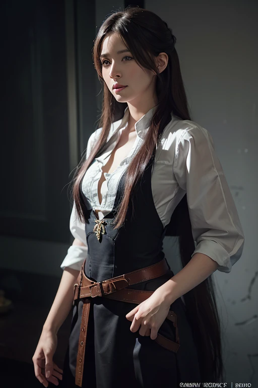 Hyperrealist portrait of female by david hockney and alphonse mucha,fantasy art, photo realistic, dynamic lighting, artstation, poster, volumetric lighting, very detailed faces, 4 k, award winning,, 1girl, in the dark, deep shadow, low key,cowboy shot,(official clothing:1.4) ,long hair,white hair,