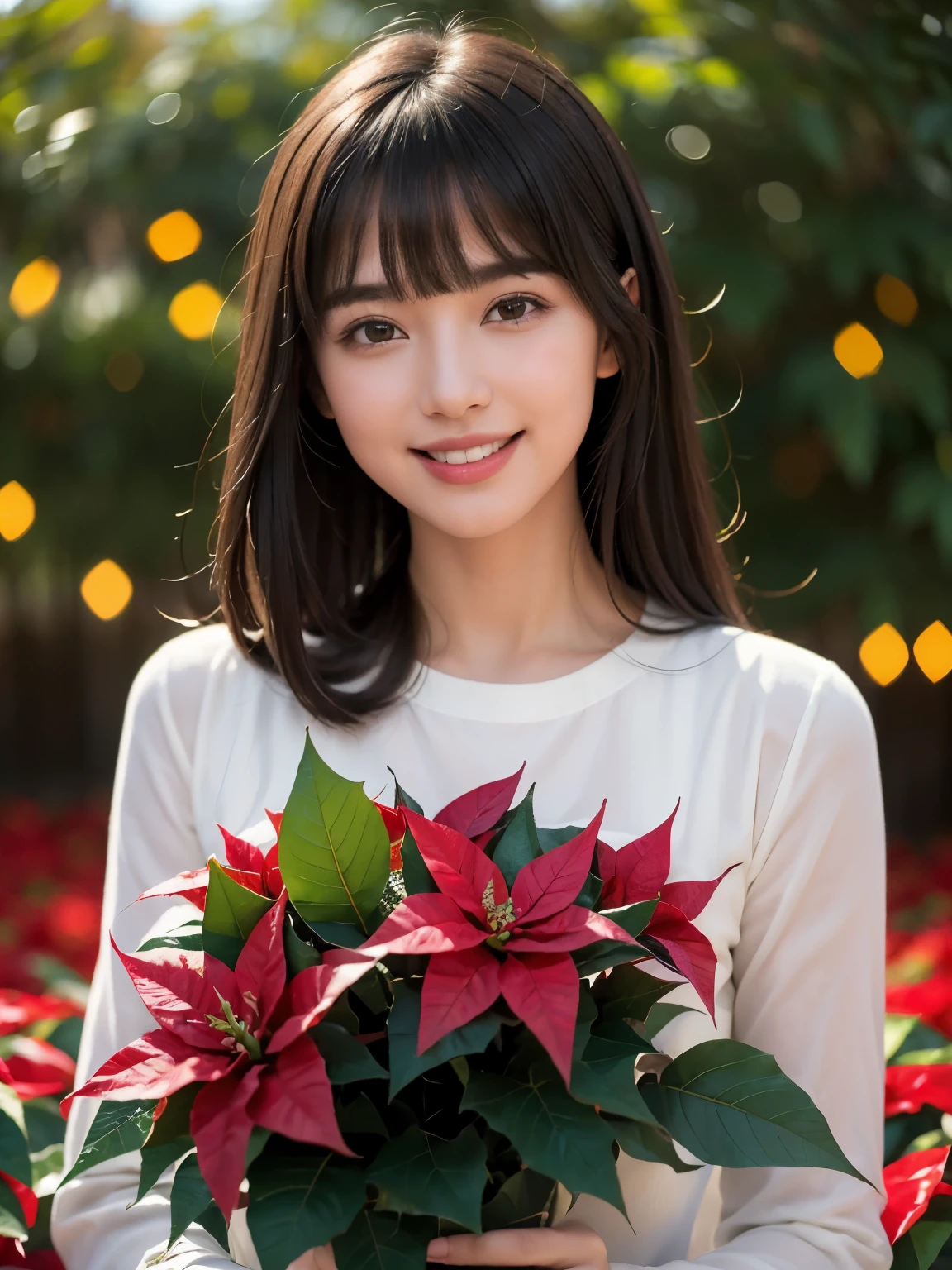 (highest quality,masterpiece:1.3,ultra high resolution),(Super detailed,caustics),(realistic:1.4,RAW shooting),1 girl,flat bangs、smile、Blurred background, (Vibrant color saturation), Christmas、Poinsettia field、light up