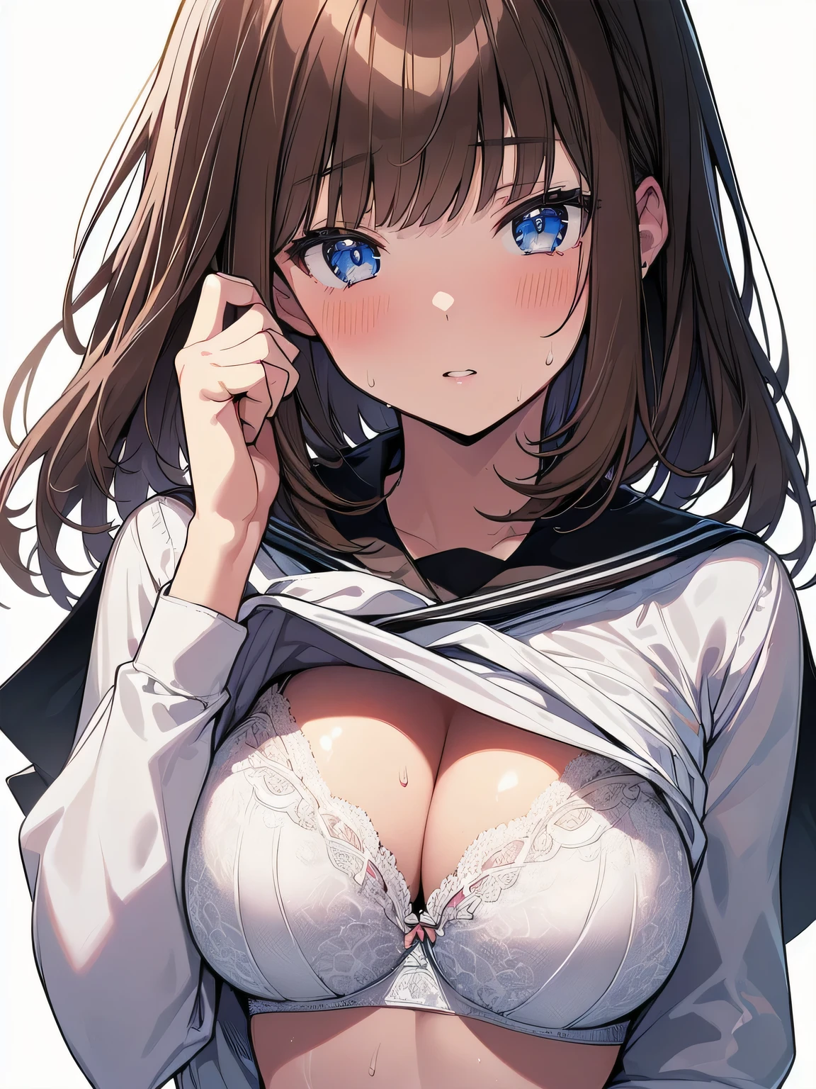 (best quality), (Super detailed), (Best Illustration), (beautiful girl), (upper body), look at viewer, (long sleeve, white serafuku), (shirt lift), (show off bra:1.2), (beautiful large breasts:1.2), (parted lips), blush, sweat, brown hair, (bob cut), curvy hair, hairs between eyes, blue eyes, (white background:1.2)