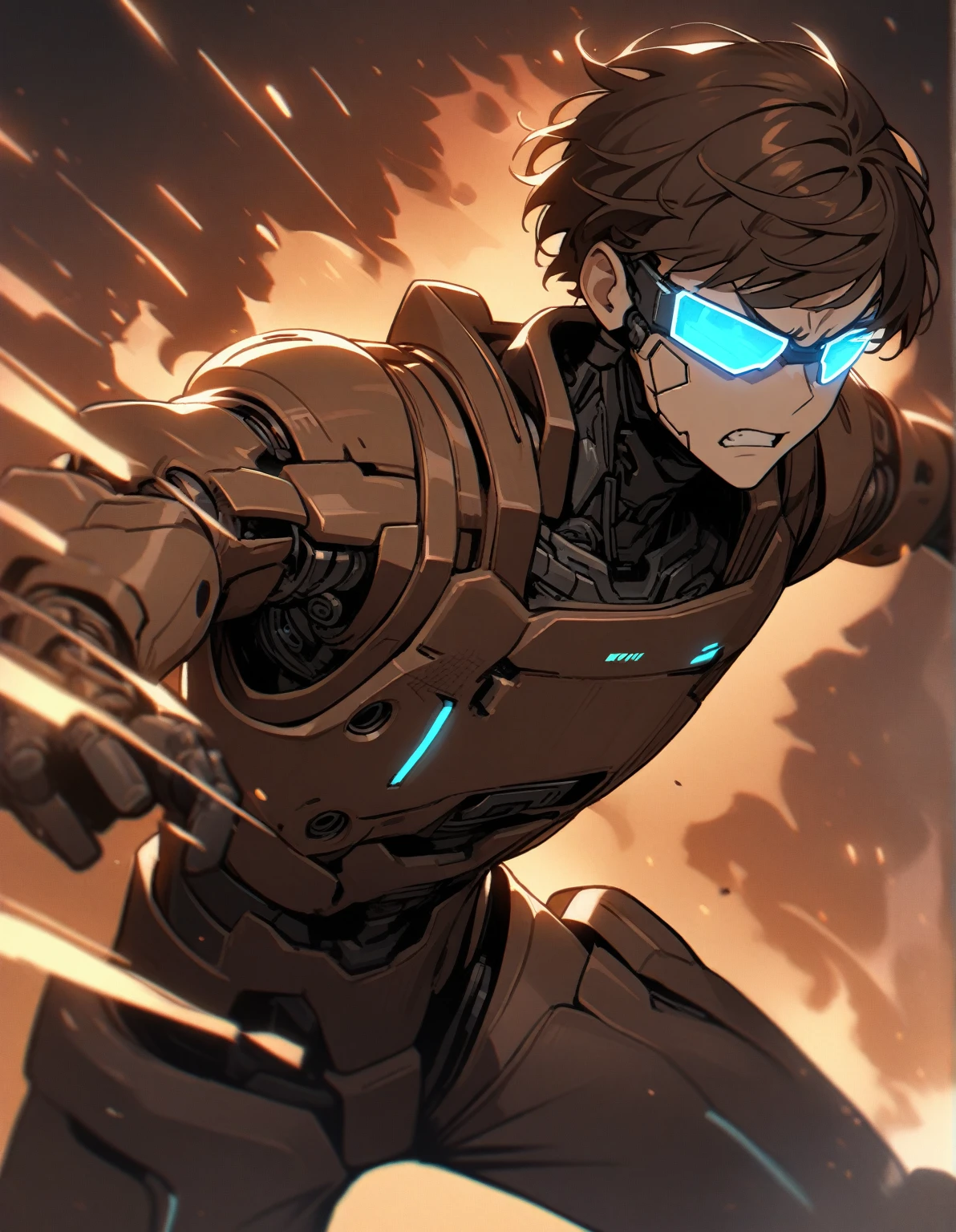 1 guy, brown hair, short hair with bangs, cyborg, hologram, holographic glasses brown glow, tight black-brown pilot suit, fighting, discontented look, angry look, brown aura, gentle tones