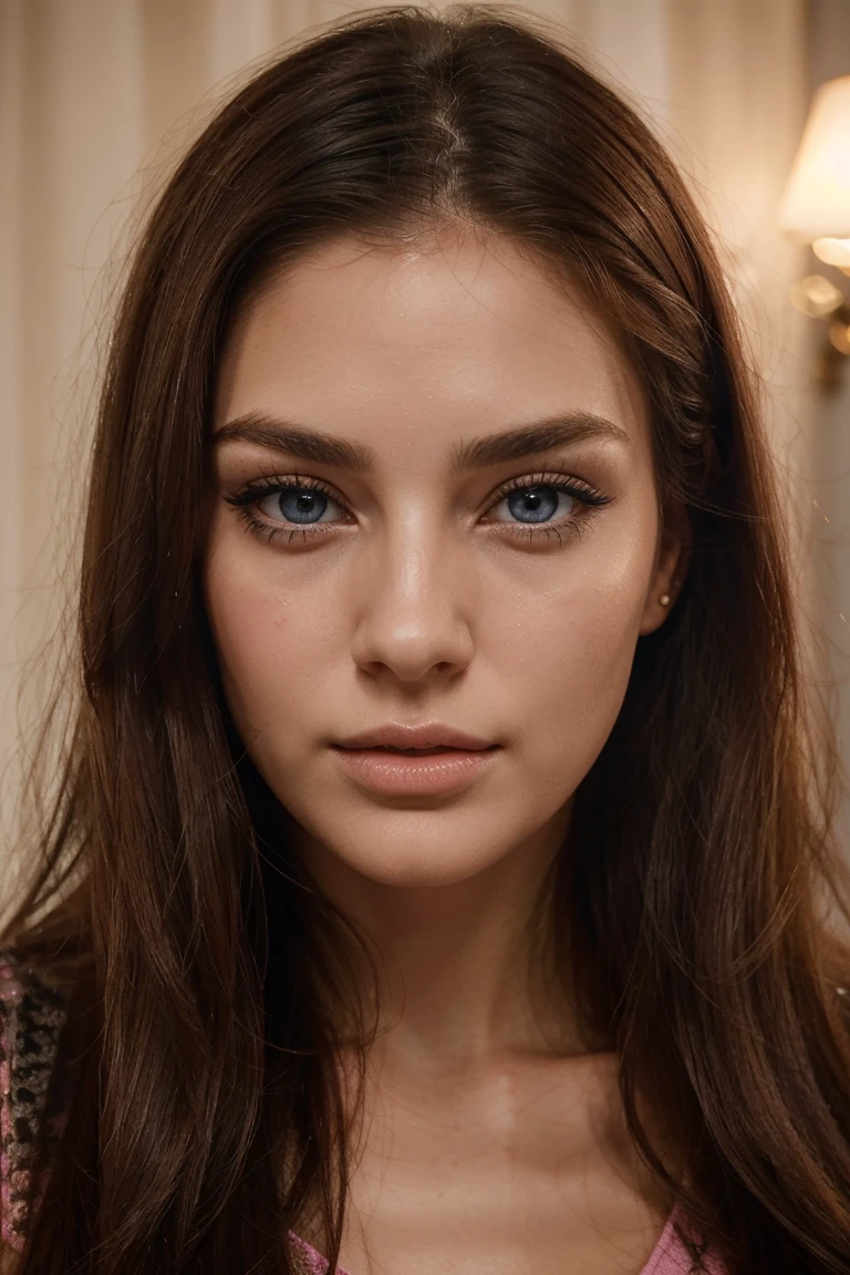 her striking blue eyes with long, dark eyelashes, set against well-defined eyebrows. Detail her proportionate nose and ears, noting any distinctive features. Discuss her skin texture, highlighting its smoothness and radiance. Mention that despite being in her late thirties, as she was born on March 16, 1986, her face retains a youthful glow. Specify her hair color, which is typically dark blonde long hair framing her face elegantly. Finally, elaborate on her mouth and lips, noting their fullness and natural pink hue, contributing to her overall allure.