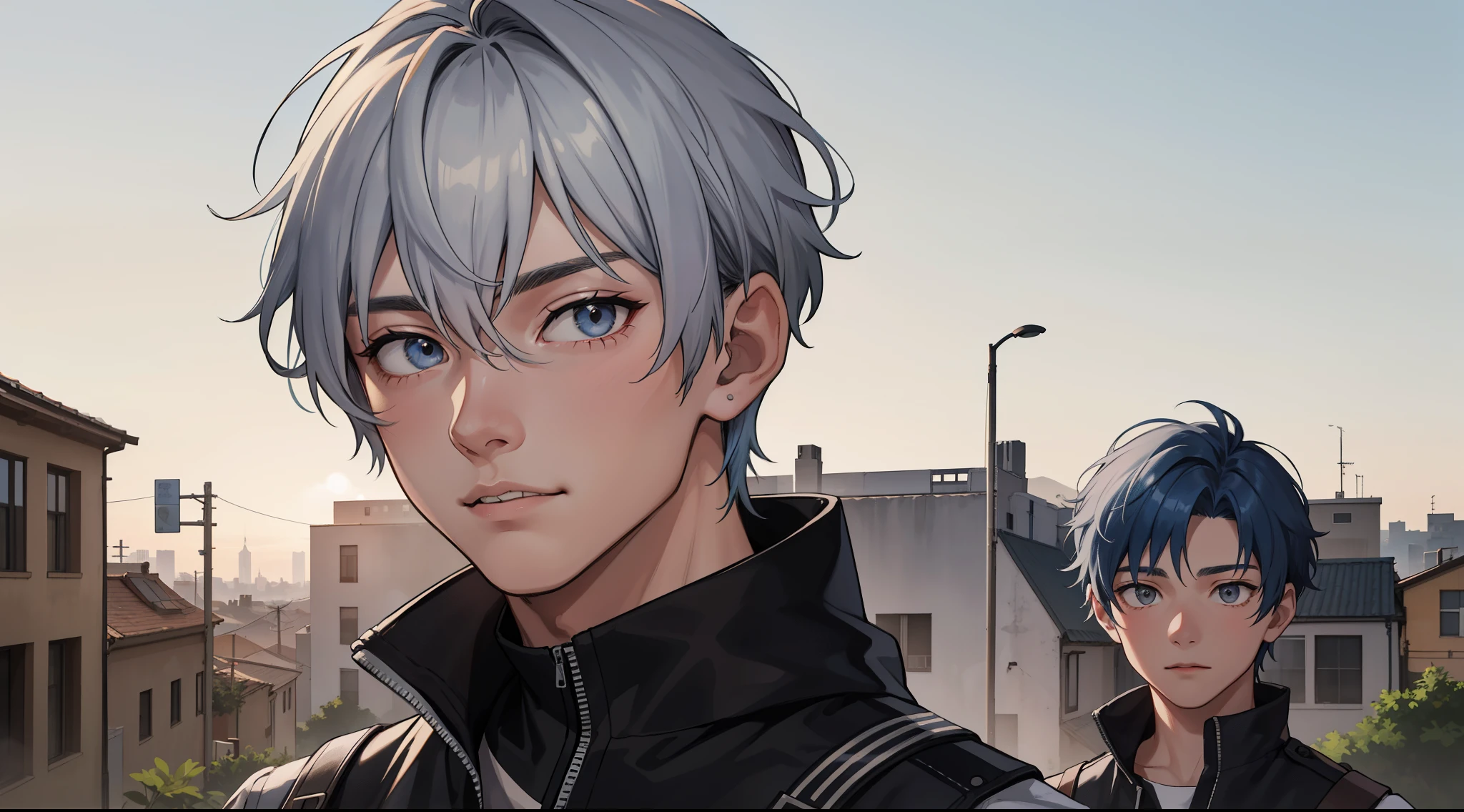 In the background is a silver city Two 15-year-old teenage friends with blue hair, With Latin skin and light gray hair on the outskirts of a large silver city they are talking about an important topic they are friends almost like brothers..................