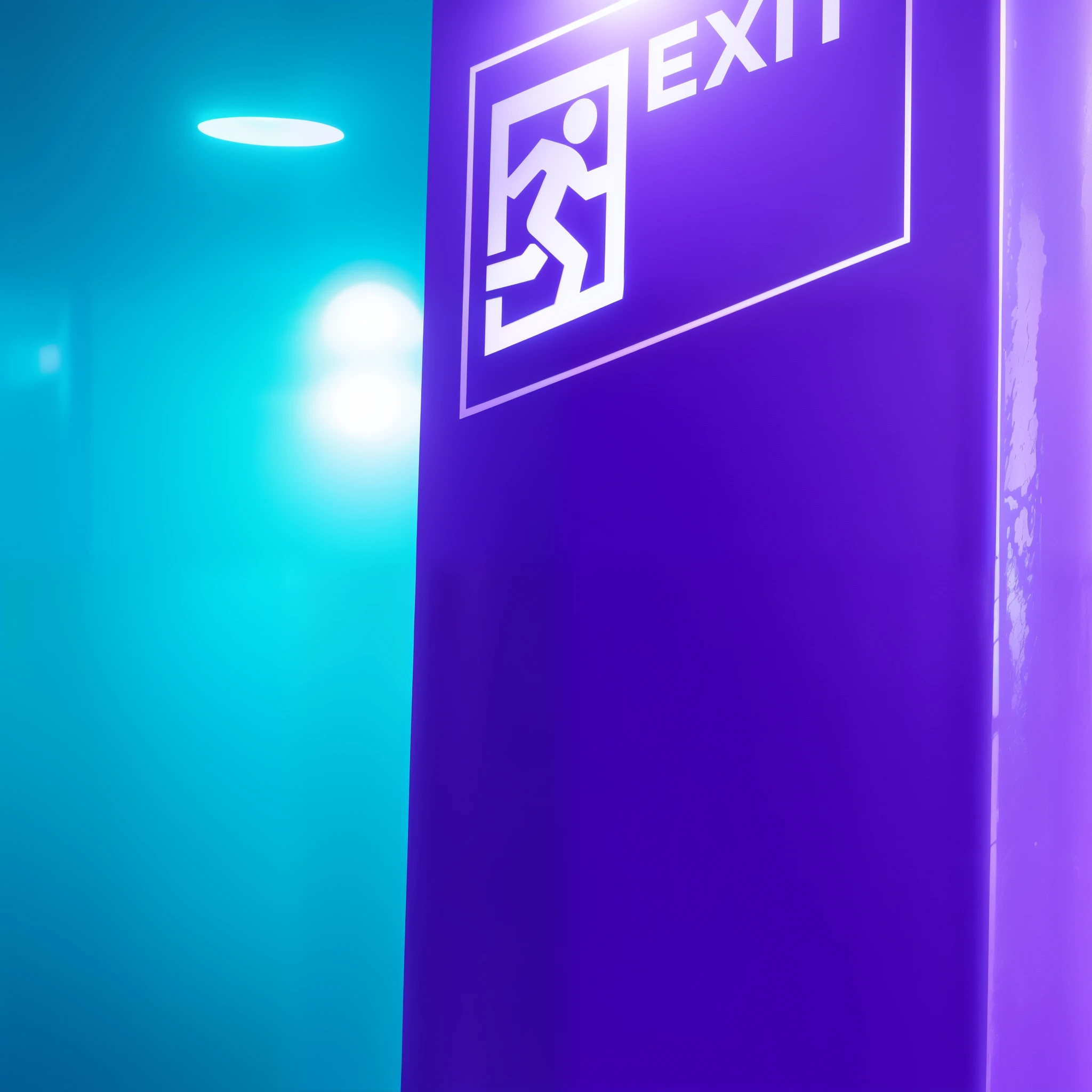 A purple pillar featuring a white exit sign on its side. blue-violet color scheme glossy metalic floor, glossy texture, smooth 3d model, multiple light sources, rim light, sharp post effects render, (glossy metallic texture with multiple big light probe refractions), perfect cgi, cgi art created only with gradients, smooth silhouette, high intensity refraction, (super glossy chrome material), most beautiful vfx, blue background, chrome metal refractions