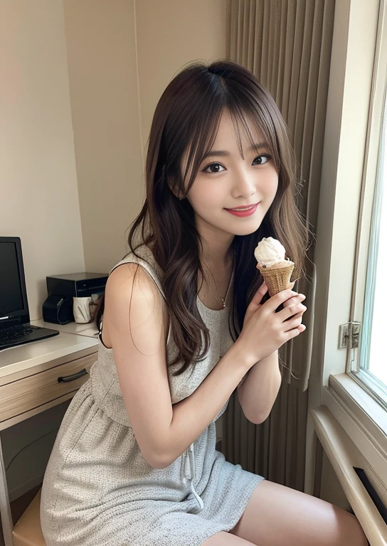 finely, High resolution, high quality、perfect dynamic composition, detailed and beautiful eyes, light brown layered cut、Sit in front of your computer monitor、sit on a chair、looked back、long legs、despise、natural color lip, 、1 person、transparent skin、shining hair、Bedroom、in the room、You can see the veranda from the window、it's raining、Snazzy clothes、Shibuya Ward、pique ice cream、room wear、Snazzy、beautiful feet、Futomo、shake your head、Hey hey smile、slight smile、Silly Laughed、despise、Condescending、Laughed