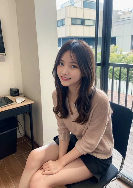 finely, High resolution, high quality、perfect dynamic composition, detailed and beautiful eyes, light brown layered cut、Sit in front of your computer monitor、sit on a chair、looked back、long legs、despise、natural color lip, 、1 person、transparent skin、shining hair、Bedroom、in the room、You can see the veranda from the window、it's raining、Snazzy clothes、Shibuya Ward、pique ice cream、room wear、Snazzy、beautiful feet、Futomo、shake your head、Hey hey smile、slight smile、Silly Laughed、despise、Condescending、Laughed