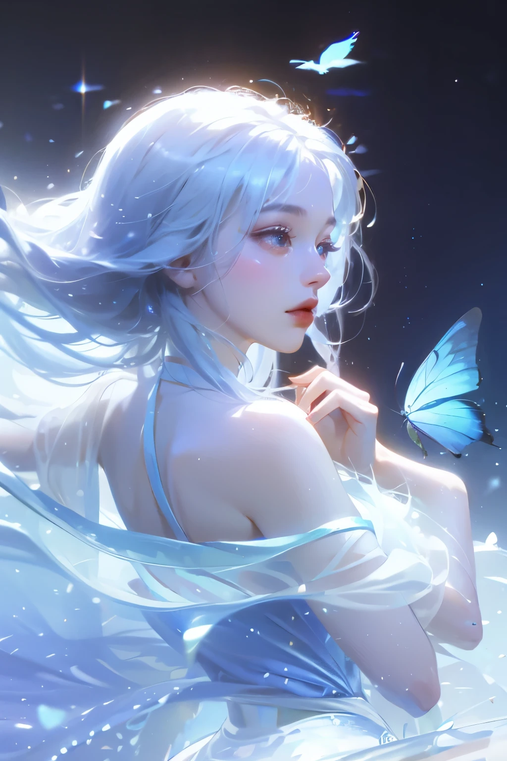 1 girl，clear water，blue butterfly，Pure white gauze skirt，sparkling，Upper body close-up
