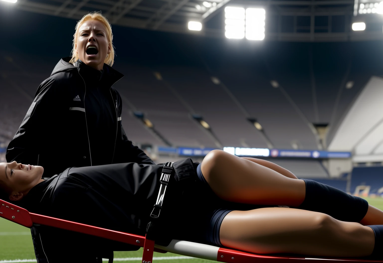 angry woman in shiny laquered down coat is carrying a stretcher, a young male soccer player in short sportswear is lying on his back on a stretcher, hyperralistic, very realistic, ultrarealistic photorealistic, pgoto, photoreal, a young woman is wearing a high shine black downcoat and is holding a stretcher inside a sports stadium, a young madeup blond woman in a high-shine padded coat sad and furious expression in her face, a sportsman is lying on a stretcher and has a very painful and suffering face, a young sportsman on a stretcher with a very painful expression in his face, dramatic action pose, sports accident, injury scene, theatralic pity pose, pity pityful, pain, a sportsman is lying on a stretcher and is crying in pain, a young madeup woman in a shiny coat is carrying a man on a stretcher inside a sports stadium, sports scene, stadium, very shiny vinyl quality on a woman's coat, head of a lying man who is crying in pain, halfly covered by his arm and chest
