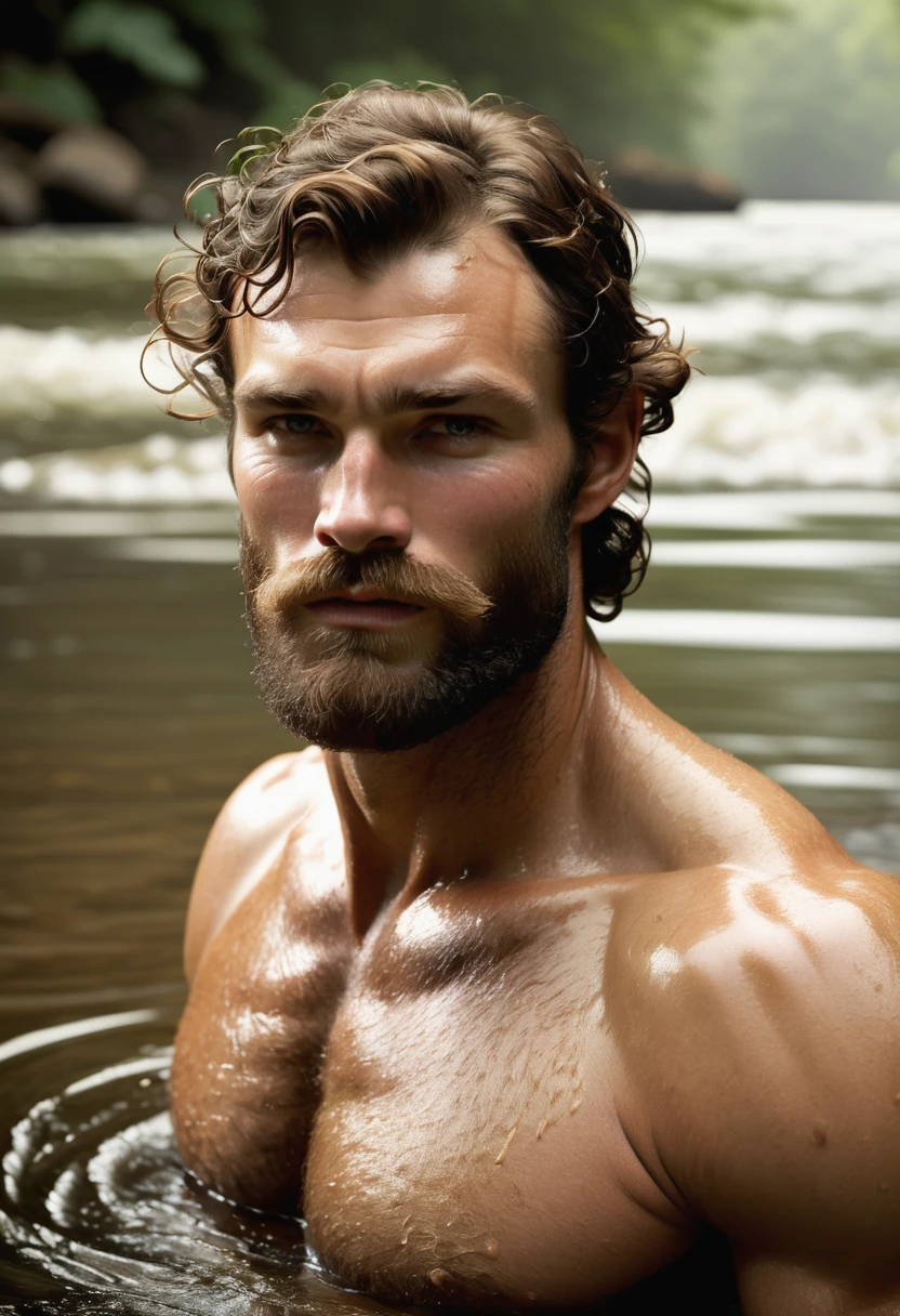 (highly detailed, soft light, photorealistic, dynamic light; cinematic); victorian era; 1820s; 30 years old man; Englishman; strikingly handsome; defined cheekbones; defined strong jawline; handsome face; rectangular face-shape; strapping; desirous teasing expression; intimate sexually-charged atmosphere; masculine face with several scars; intimate atmosphere; charismatic; grizzled; intense inviting expression; manly passionate air; very attractive; burly broad figure; ruddy weathered skin, wet; unkempt beard; natural light-blue eyes; thick strong chestnut-brown eyebrows; carefully-shaped 1820s sideburns; fully naked with a wet hairy naked broad heavily muscled chest; short styled chestnut-brown hair in 1820's hairstyle; full firm masculine lips, lips open; mouth open; standing in a river with snow on the ground; looking at camera