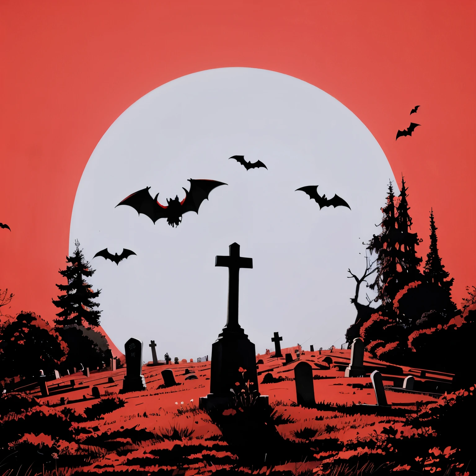 Cemetery, moon, red background, bats flyting, halloween