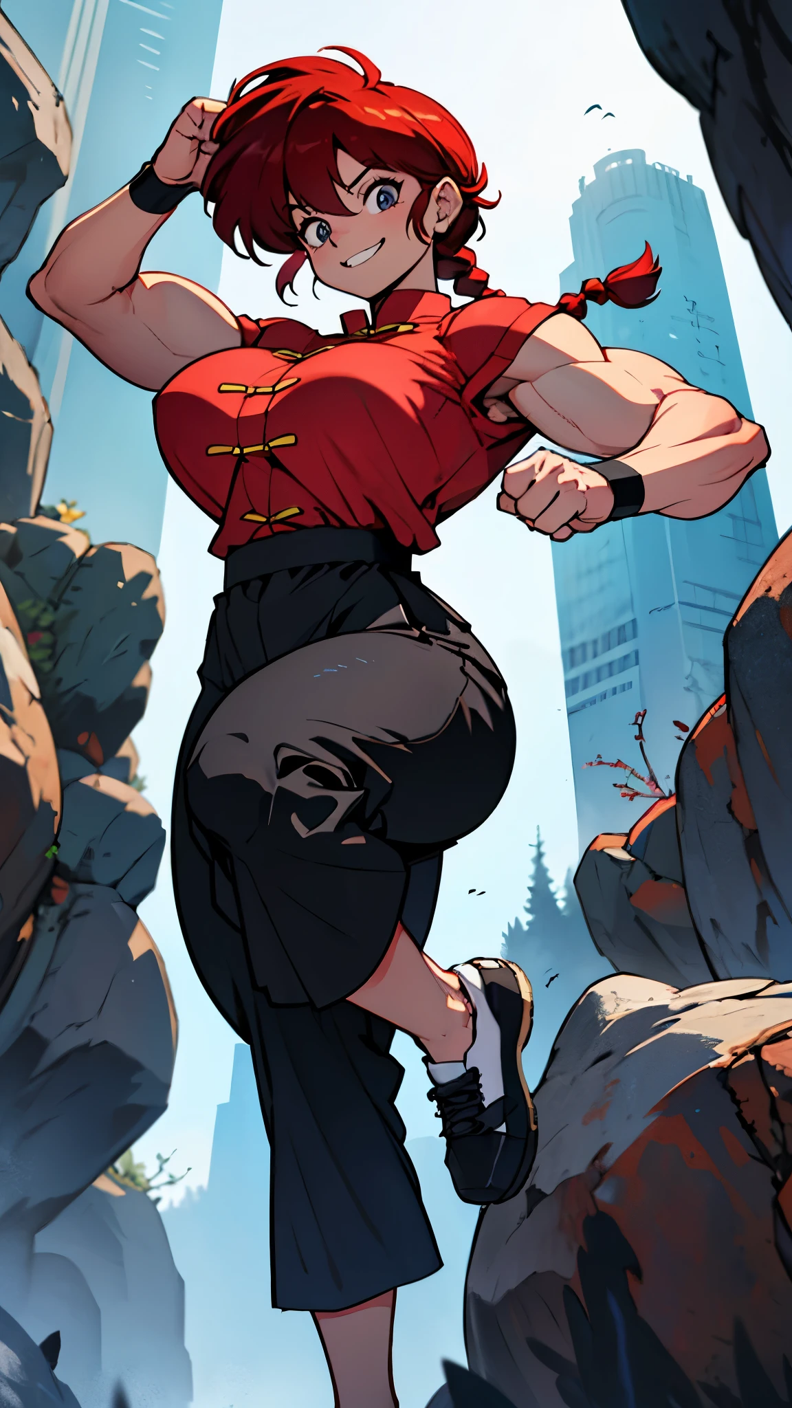 masterpiece, ultra quality, Beautiful detailed, extremely detailed,16K, exquisite, absurdity, highres, Beautiful background, Beautiful eye, Beautiful skin, anime style, 1girl, solo, upper body focus, huge breasts, big ass, red_hair, single braids BREAK Ranma red_shirt, ranma black_pants, black_kung fu shoesメコスジ BREAK (((muscular:1.3))), cheeky smile, Cheeky daughter, kung fu pose, One leg is raised high, kick, i-shaped balance, perfect anatomy, outdoor, Togenkyo,