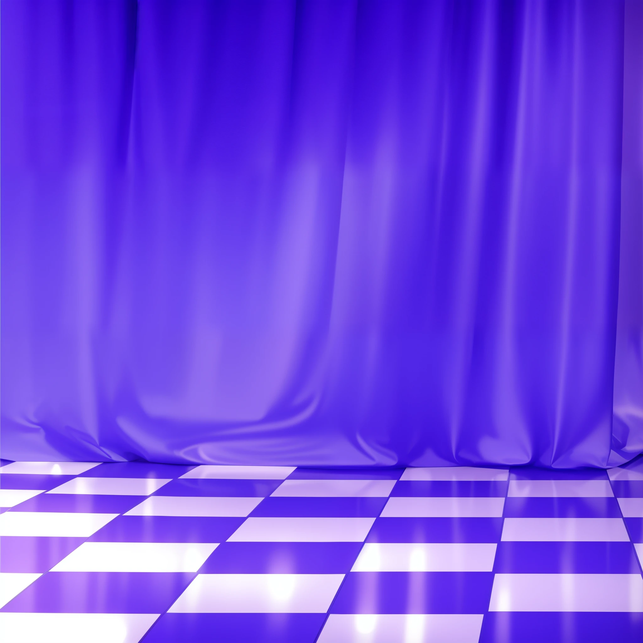 A purple curtain is draped over a checkered tile floor. blue-violet color scheme glossy metalic floor, glossy texture, smooth 3d model, multiple light sources, rim light, sharp post effects render, (glossy metallic texture with multiple big light probe refractions), perfect cgi, cgi art created only with gradients, smooth silhouette, high intensity refraction, (super glossy chrome material), most beautiful vfx, blue background, chrome metal refractions