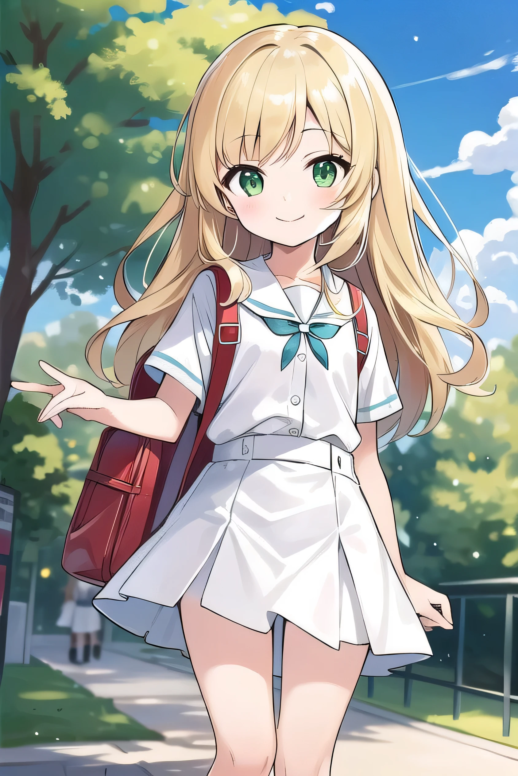 Blonde, elementary school student, green eyes, long hair to the waist, elementary school student, white clothes, white miniskirt, kind smile, park, short, 9 years old, 135cm tall, blue sky, red backpack, hair hanging outside