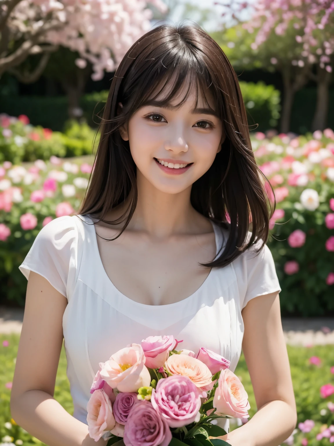 (highest quality,masterpiece:1.3,ultra high resolution),(Super detailed,caustics),(realistic:1.4,RAW shooting),1 girl,flat bangs、smile、Blurred background, (Vibrant color saturation), pink flowers、being surrounded、cute、flower garden