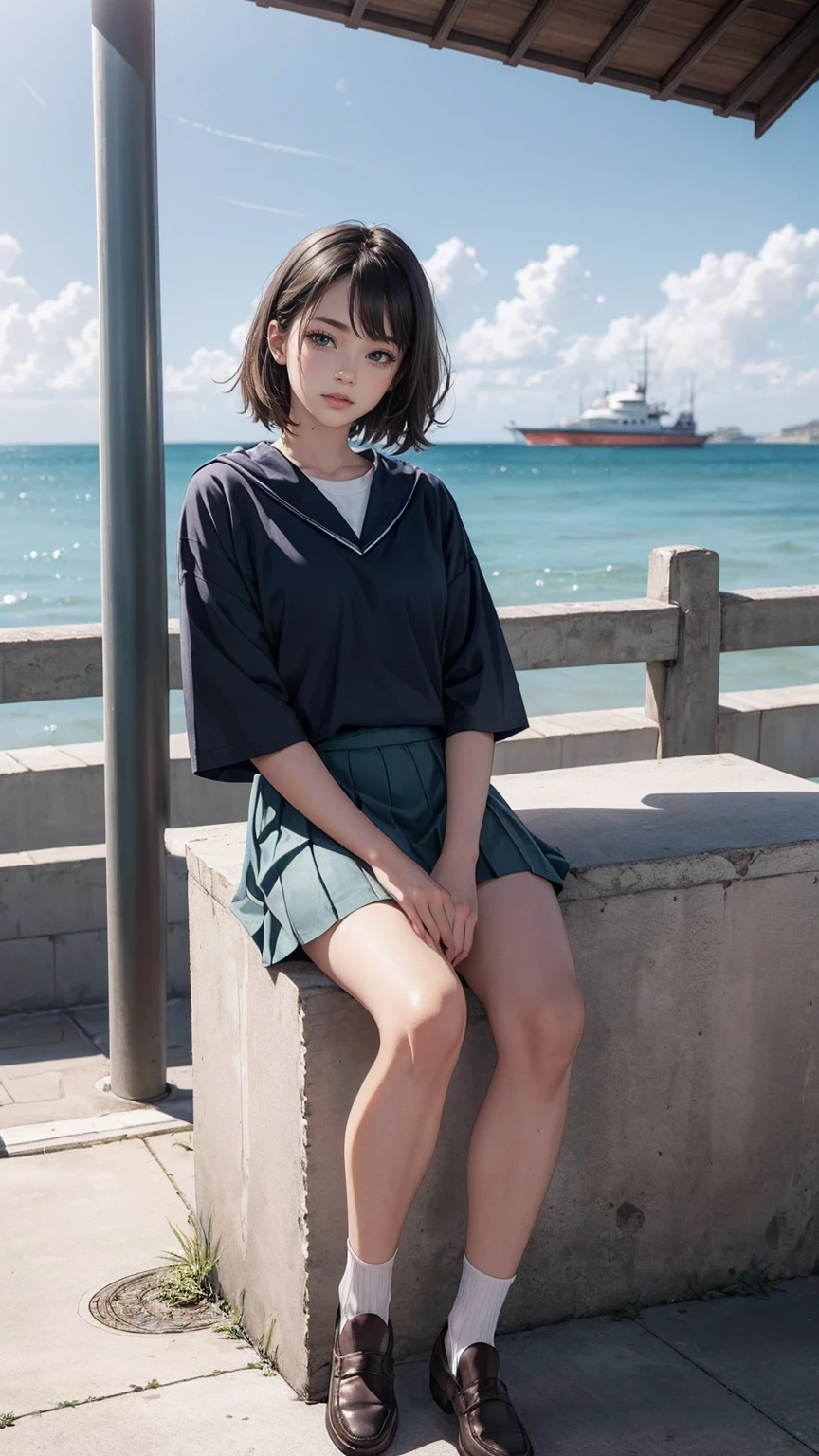 ((最high quality, 8K, masterpiece: 1.3, Ultra HD, high quality, 最high quality, High resolution, realism)) 、An extremely beautiful 18-year-old Japanese woman、hair color is black、black eye、medium hair、straight hair、smile、Slender but well-proportioned muscular body、Athlete-like body type、I don't want my head to disappear from the screen.、sit on a high breakwater on the beach、The blue sky is beautiful、There is an entrance cloud、It's summer、I'm wearing a sailor suit、Wear a navy blue pleated skirt、wear loafers、There is a road in front of the breakwater、There is a sign indicating the bus stop.